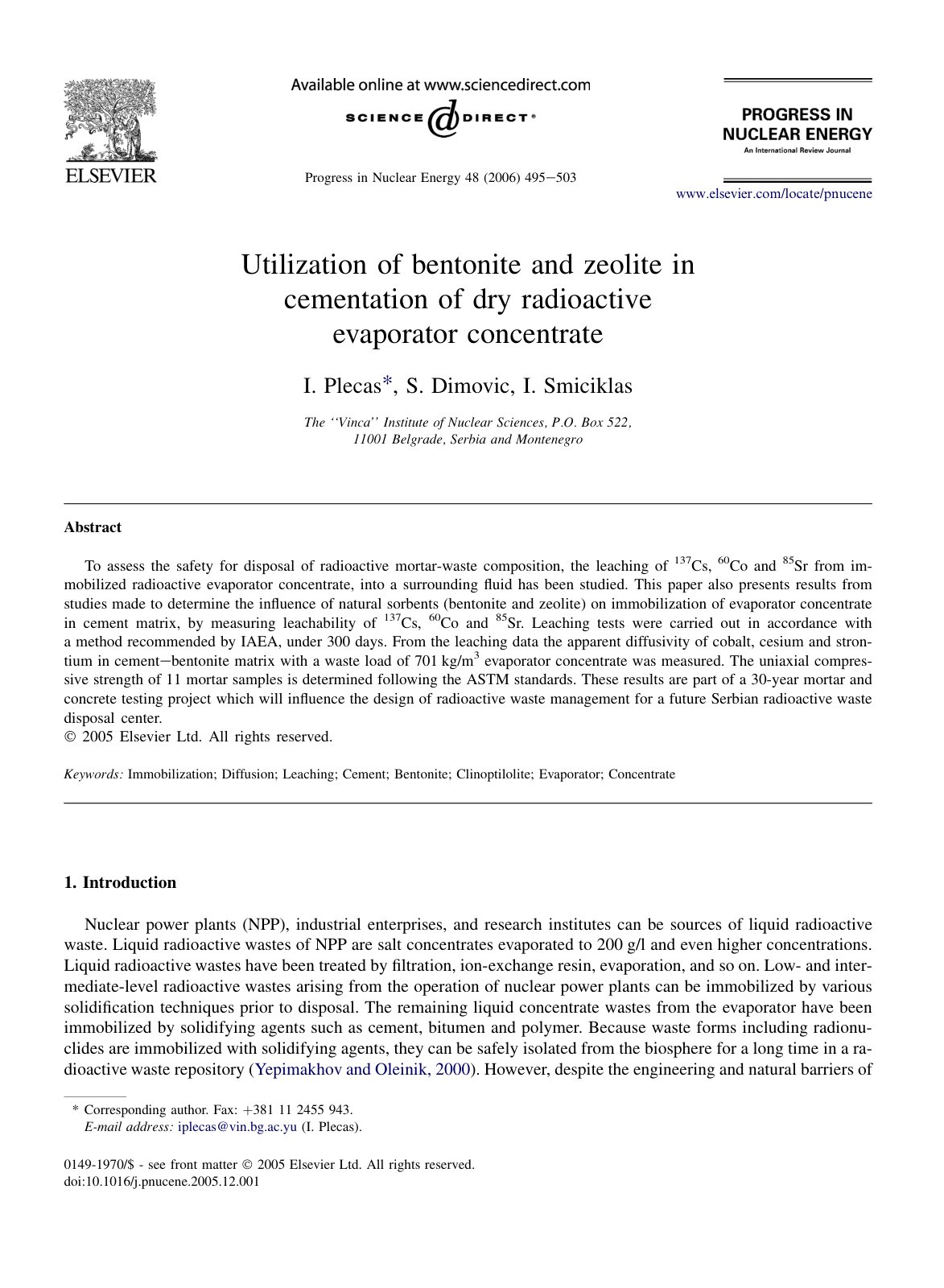 First page of Utilization of bentonite and zeolite in cementation of dry radioactive evaporator concentrate