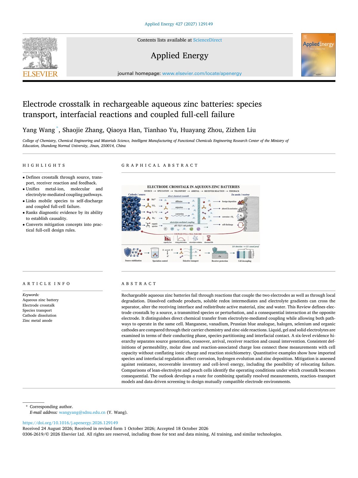 First page of Electrode crosstalk in rechargeable aqueous zinc batteries  spec 2027 Applie