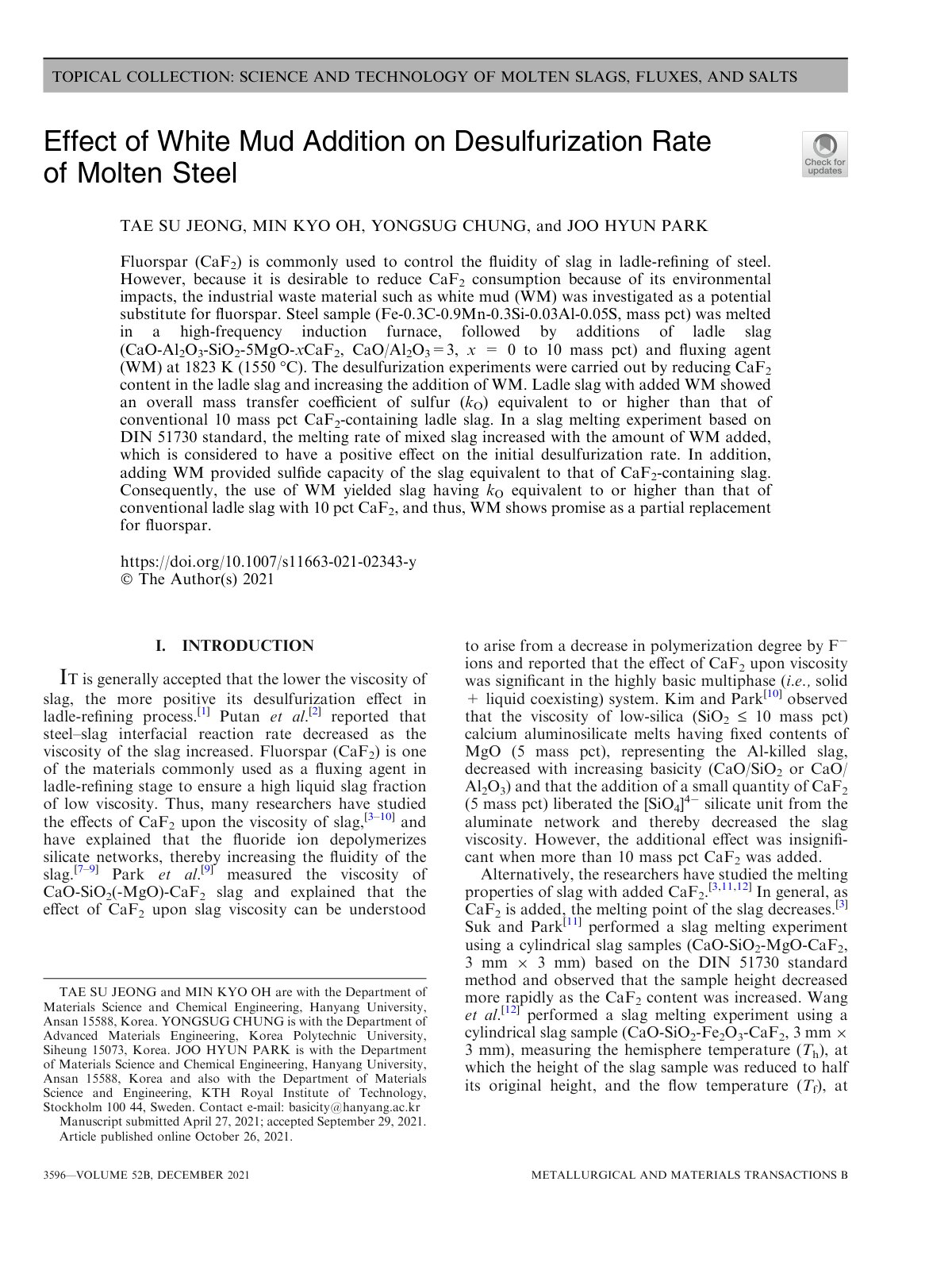 First page of Effect of White Mud Addition on Desulfurization Rate of Molten Steel