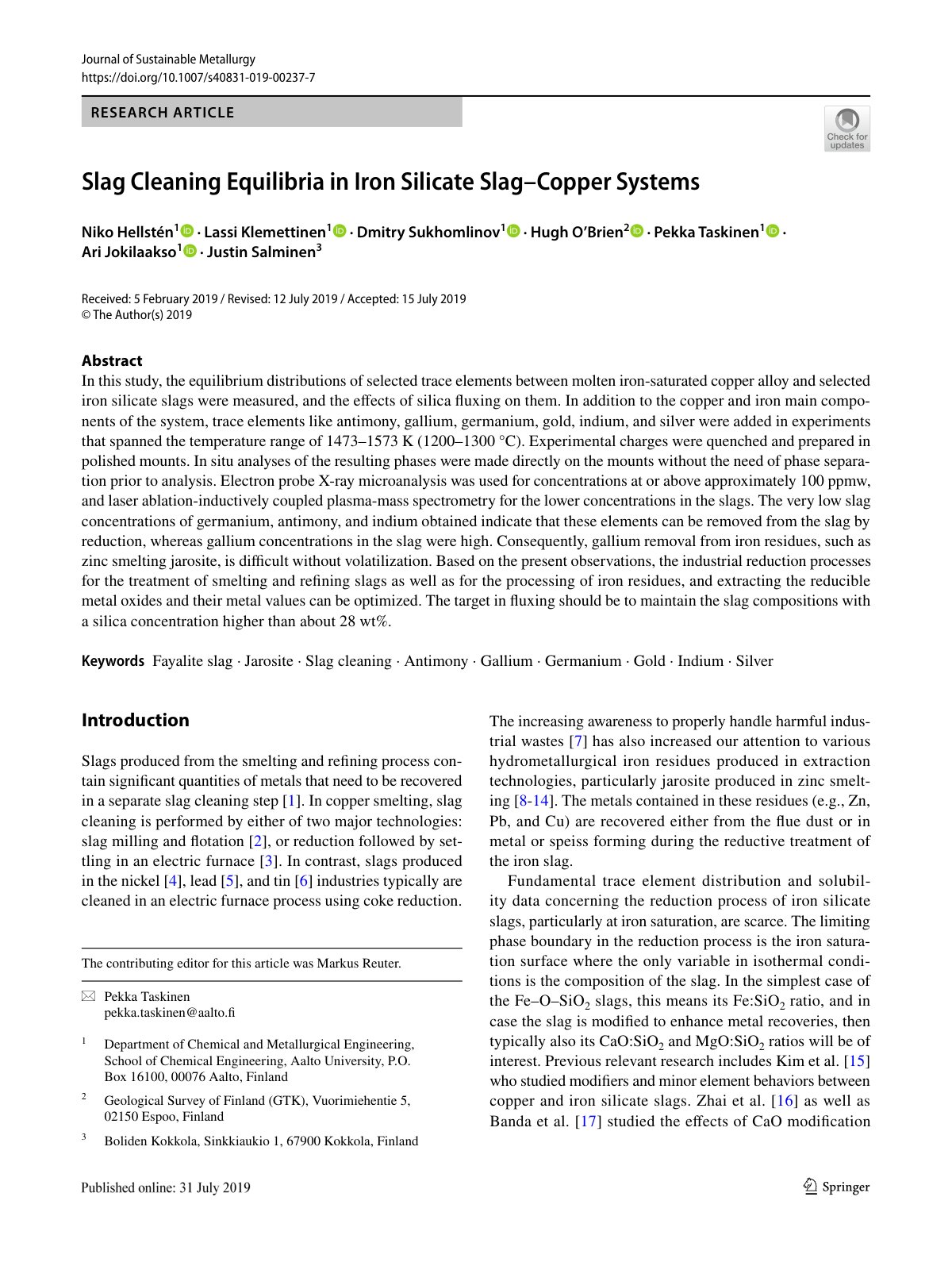 First page of Slag Cleaning Equilibria in Iron Silicat