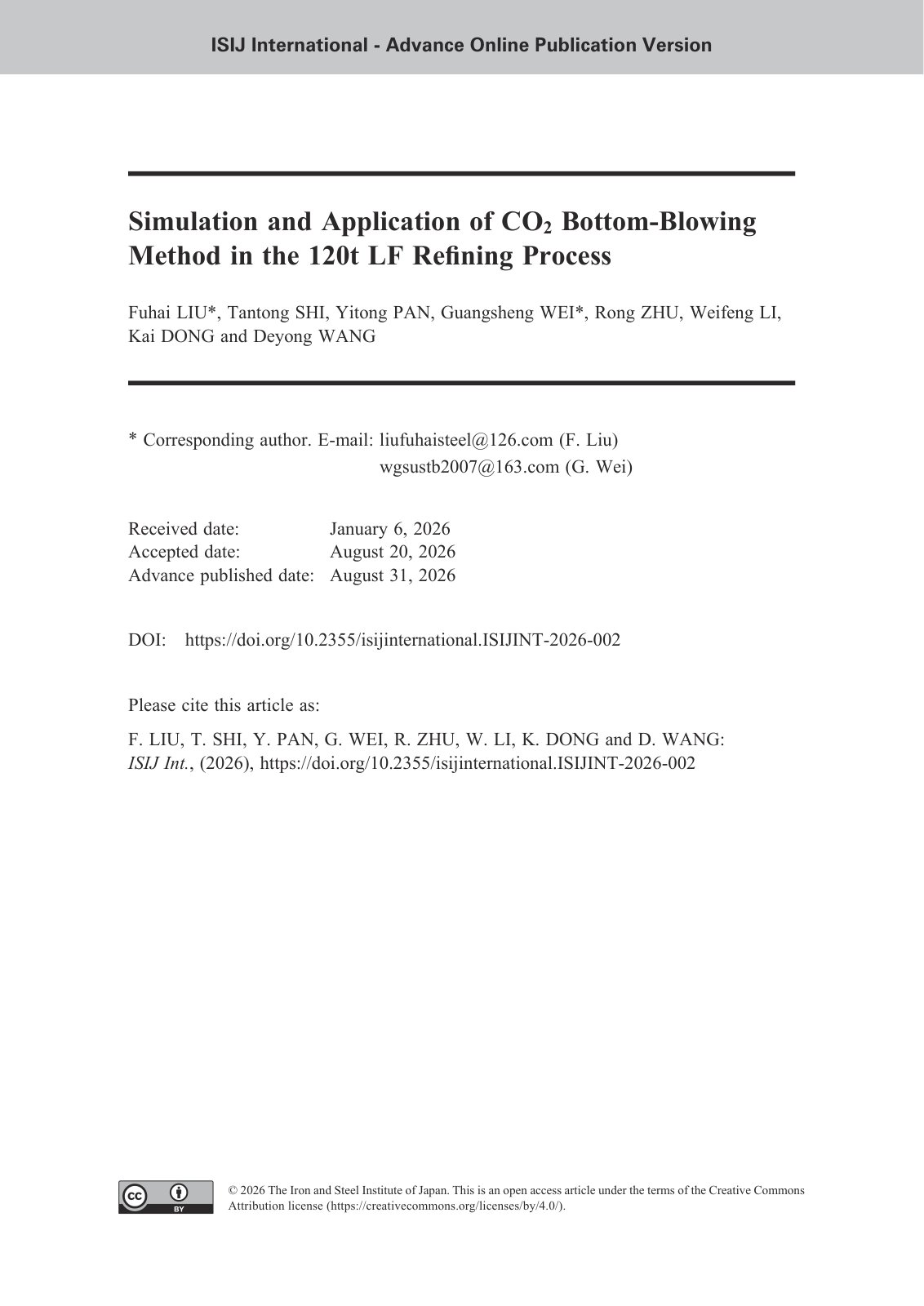 First page of Simulation and Application of CO2 Bottom-Blowing