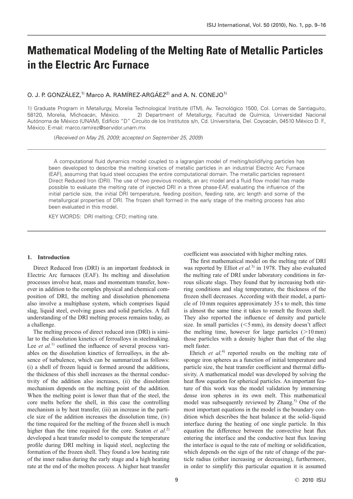 First page of 2010 O. J. P. Gonzalez Mathematical Modeling of the Melting Rate of Metallic Particles in the Electric Arc Furnace isijinternational.50.9