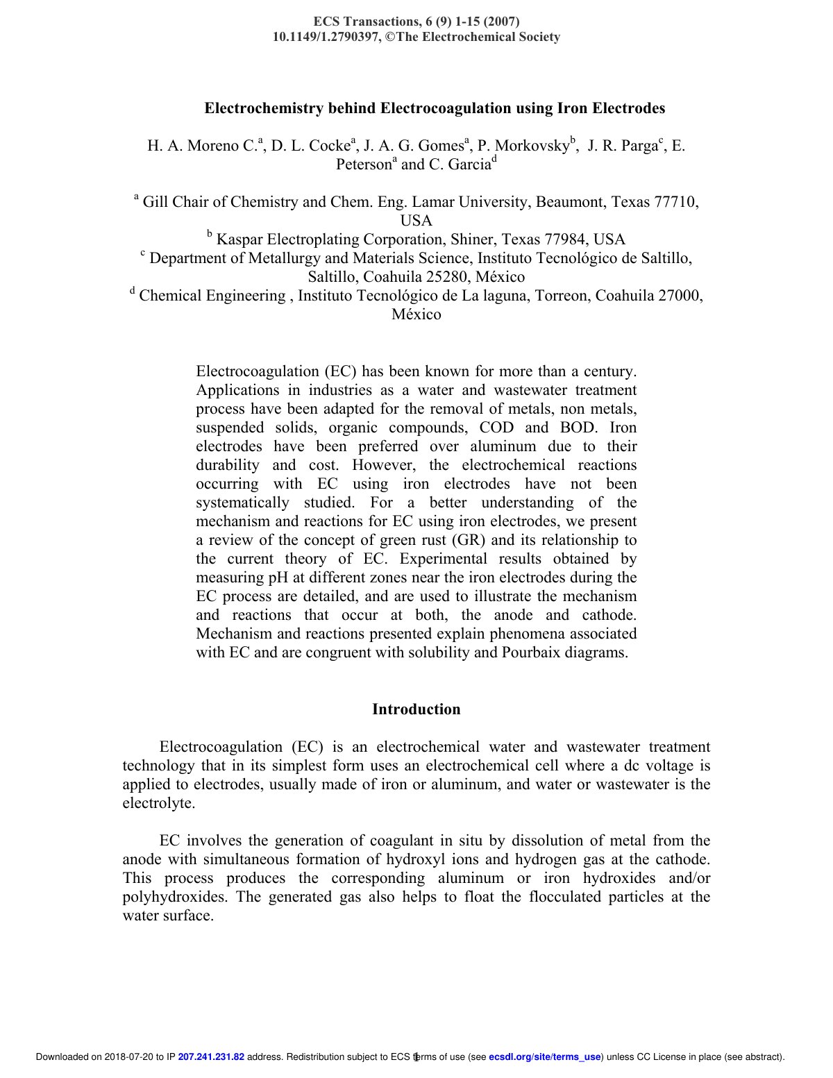 First page of Electrochemistry behind Electrocoagulation using Iron Electrodes