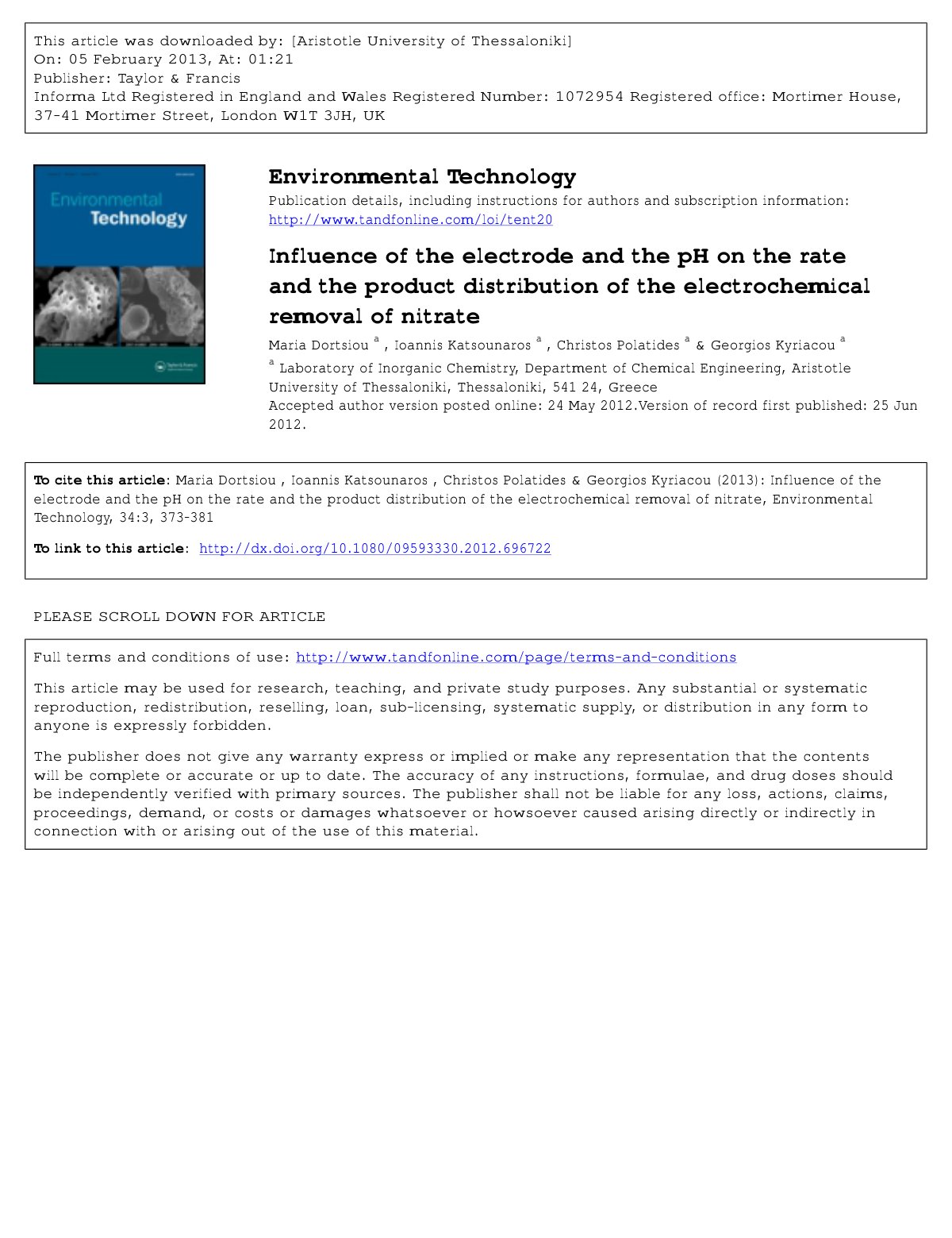 First page of Influence of the electrode and the pH on the rate and the product distribution of the electrochemical removal of nitrate
