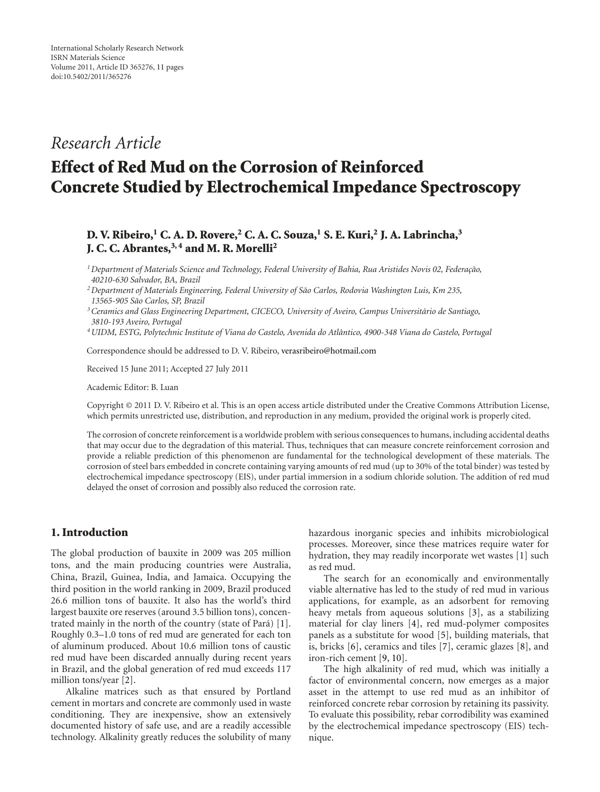 First page of Effect of Red Mud on the Corrosion of Reinforced Concrete Studied by Electrochemical Impedance Spectroscopy