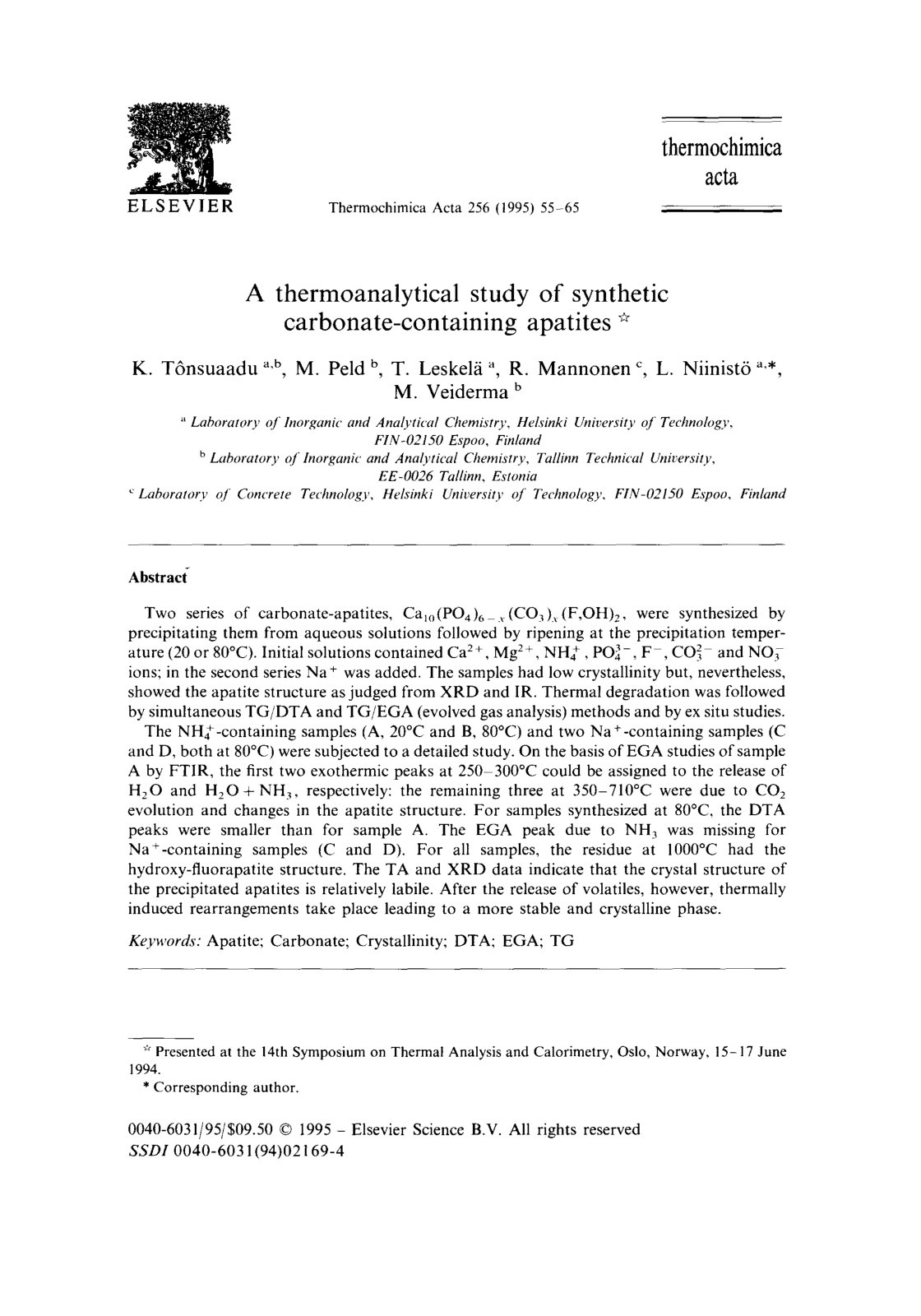 First page of A thermoanalytical study of synthetic carbonate-containing apatites