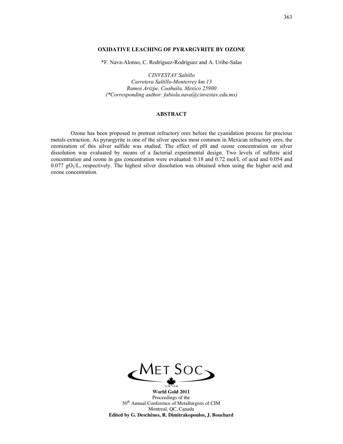 First page of OXIDATIVE LEACHING OF PYRARGYRITE BY OZONE
