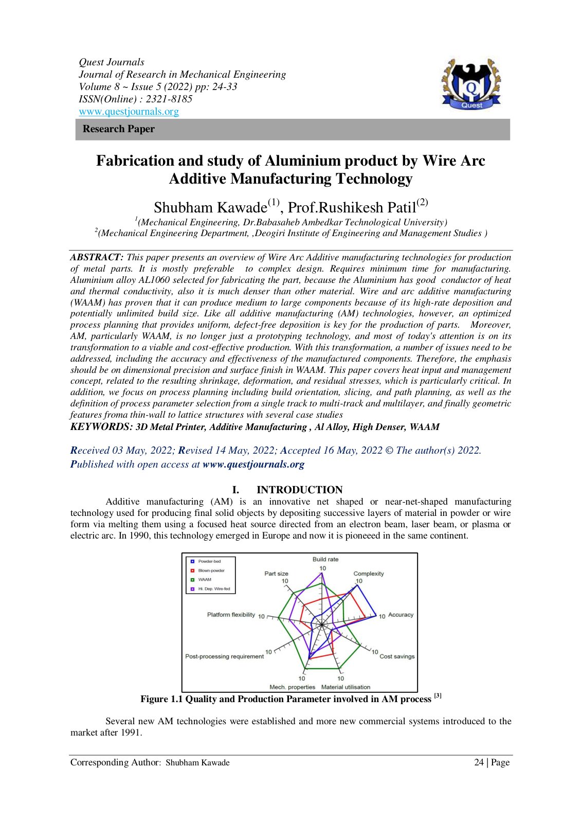 First page of Fabrication and study of Aluminium product by Wire Arc Additive Manufacturing Technology