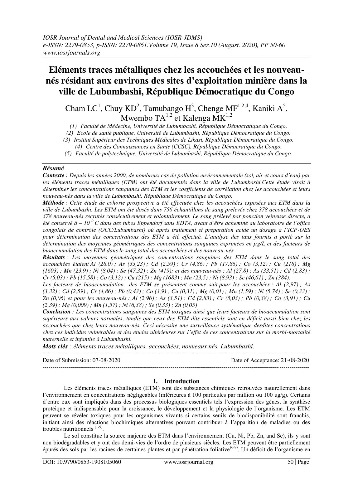 First page of Elements traces metalliques chez les acc