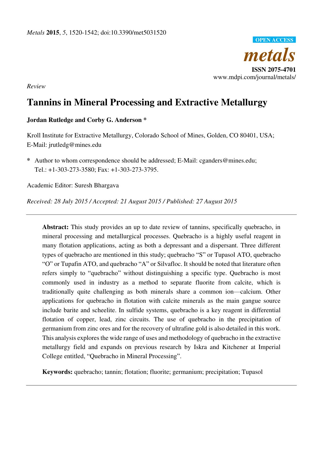 First page of Tannins in Mineral Processing and Extrac