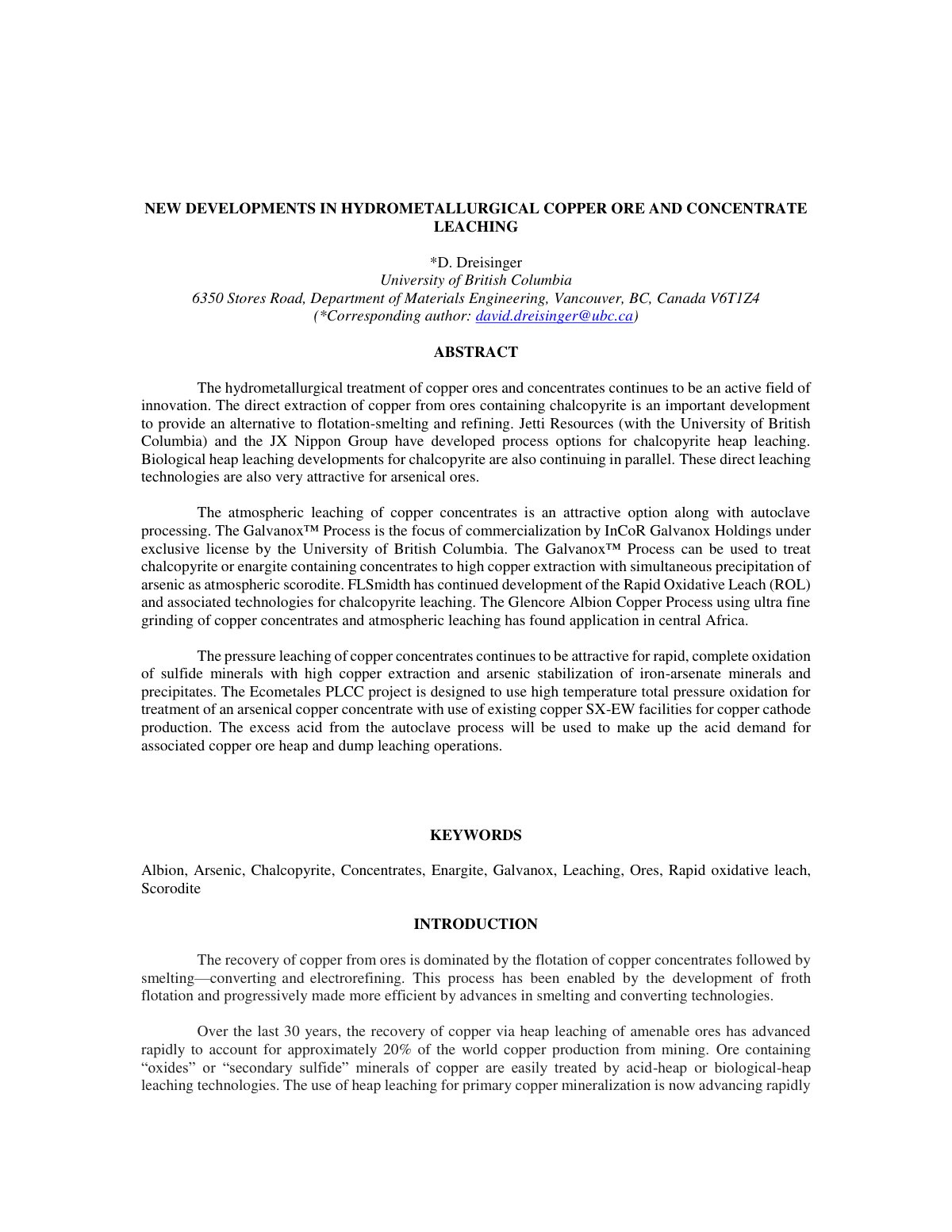 First page of NEW DEVELOPMENTS IN HYDROMETALLURGICAL COPPER ORE AND CONCENTRATE LEACHING