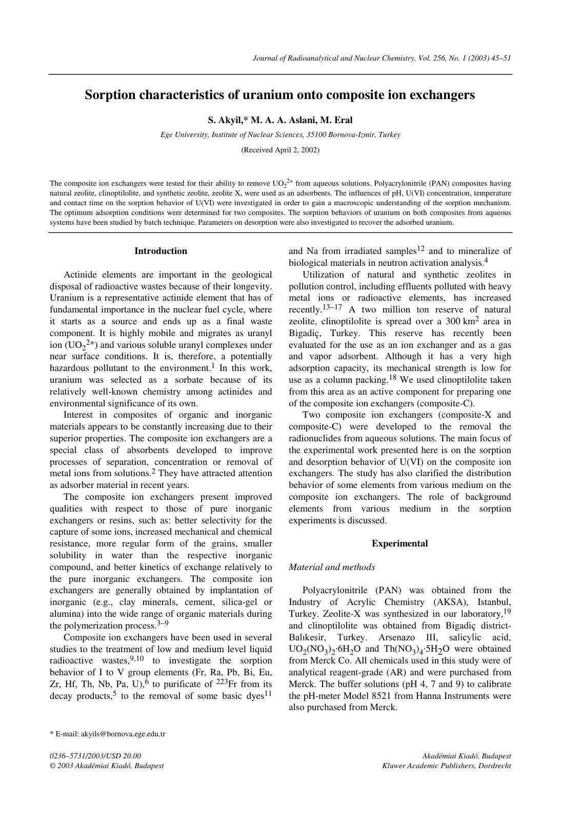 First page of Sorption characteristics of uranium onto composite ion exchangers
