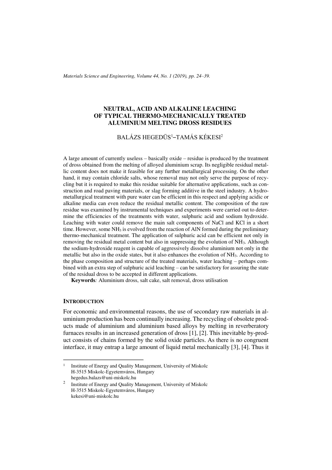 First page of NEUTRAL, ACID AND ALKALINE LEACHING OF TYPICAL THERMO-MECHANICALLY TREATED ALUMINIUM MELTING DROSS RESIDUES