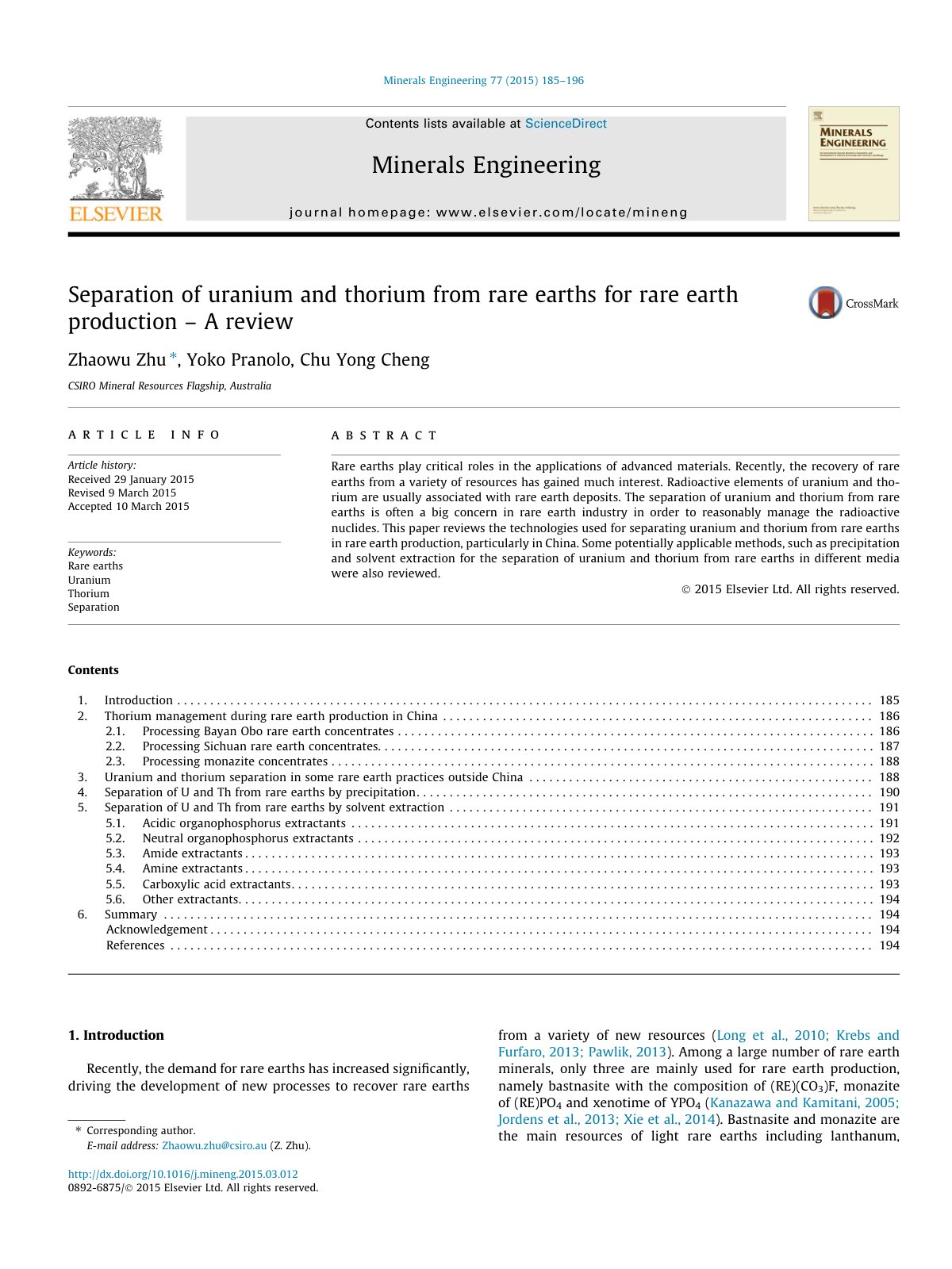 First page of Separation of uranium and thorium from r