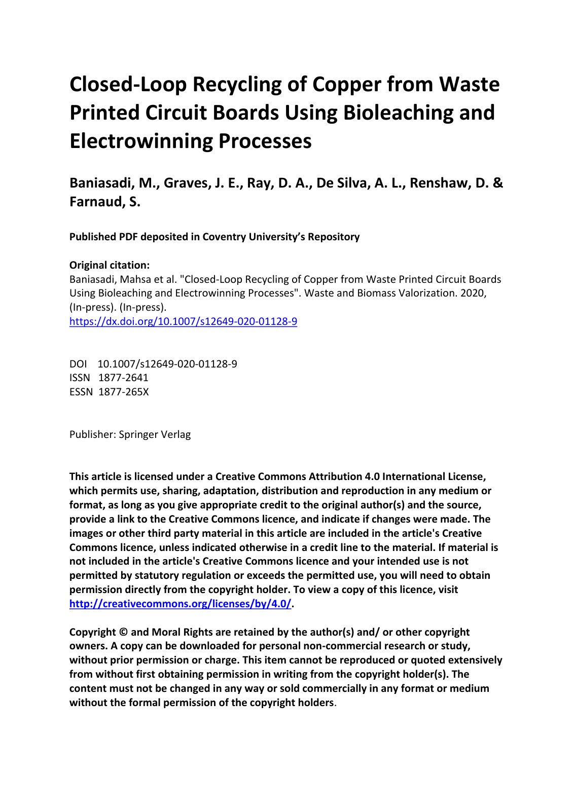 First page of Closed-Loop Recycling of Copper from Waste Printed Circuit Boards Using Bioleaching and Electrowinning Processes