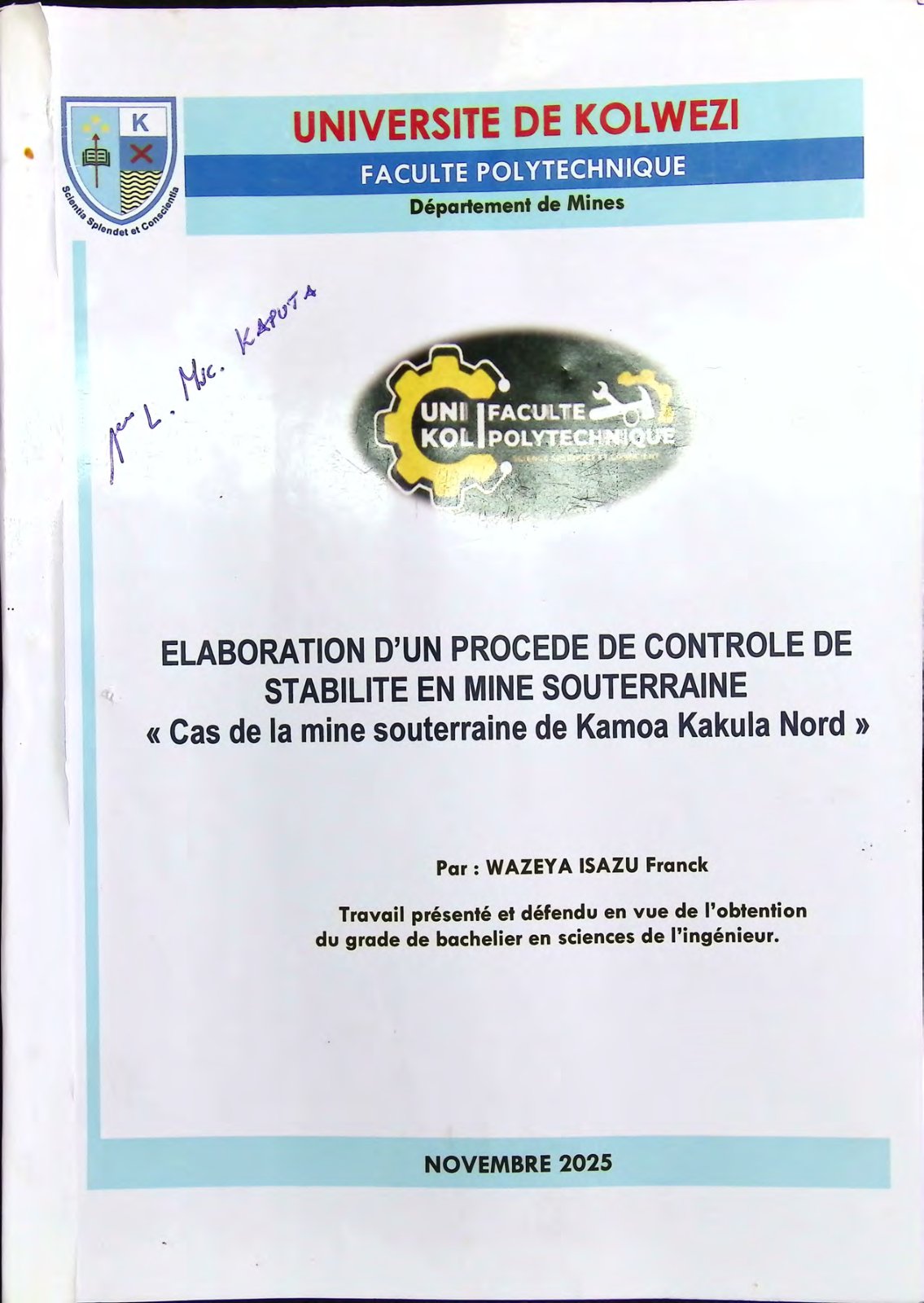 First page of ELABORATION D’UN PROCEDE DE CONTROLE DE STABILITE EN MINE SOUTERRAINE « Cas de la mine souterraine de Kamoa Kakula Nord »