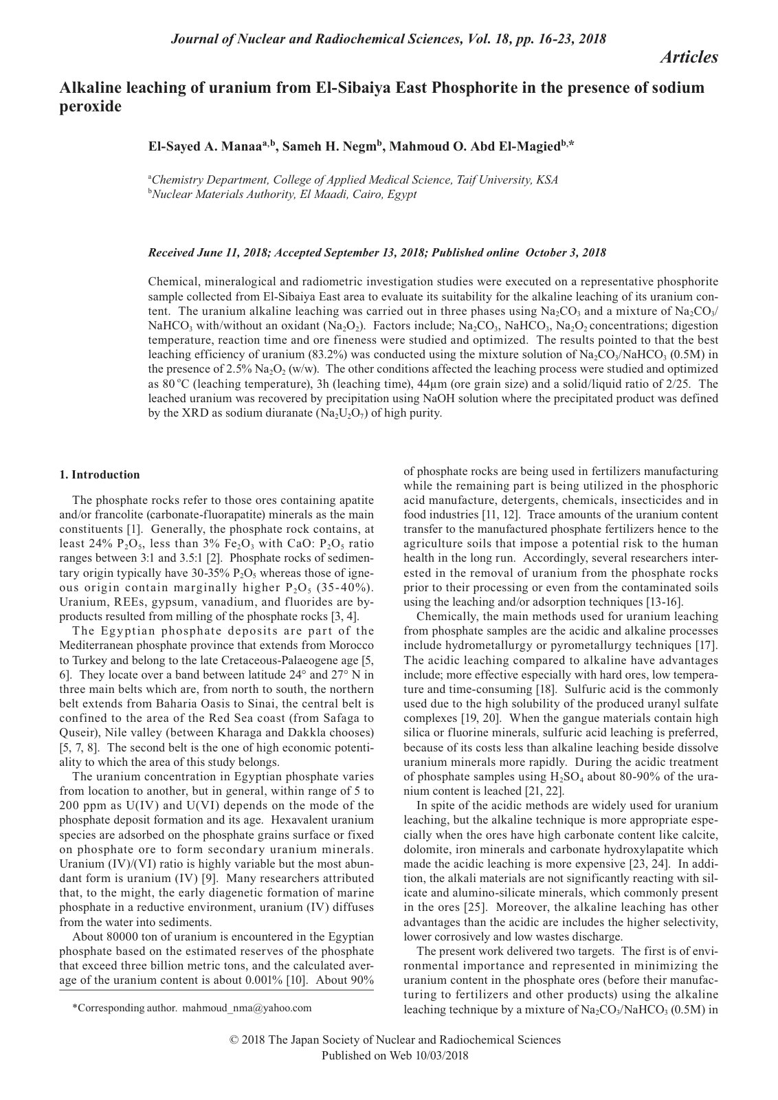 First page of Alkaline leaching of uranium from El Sib