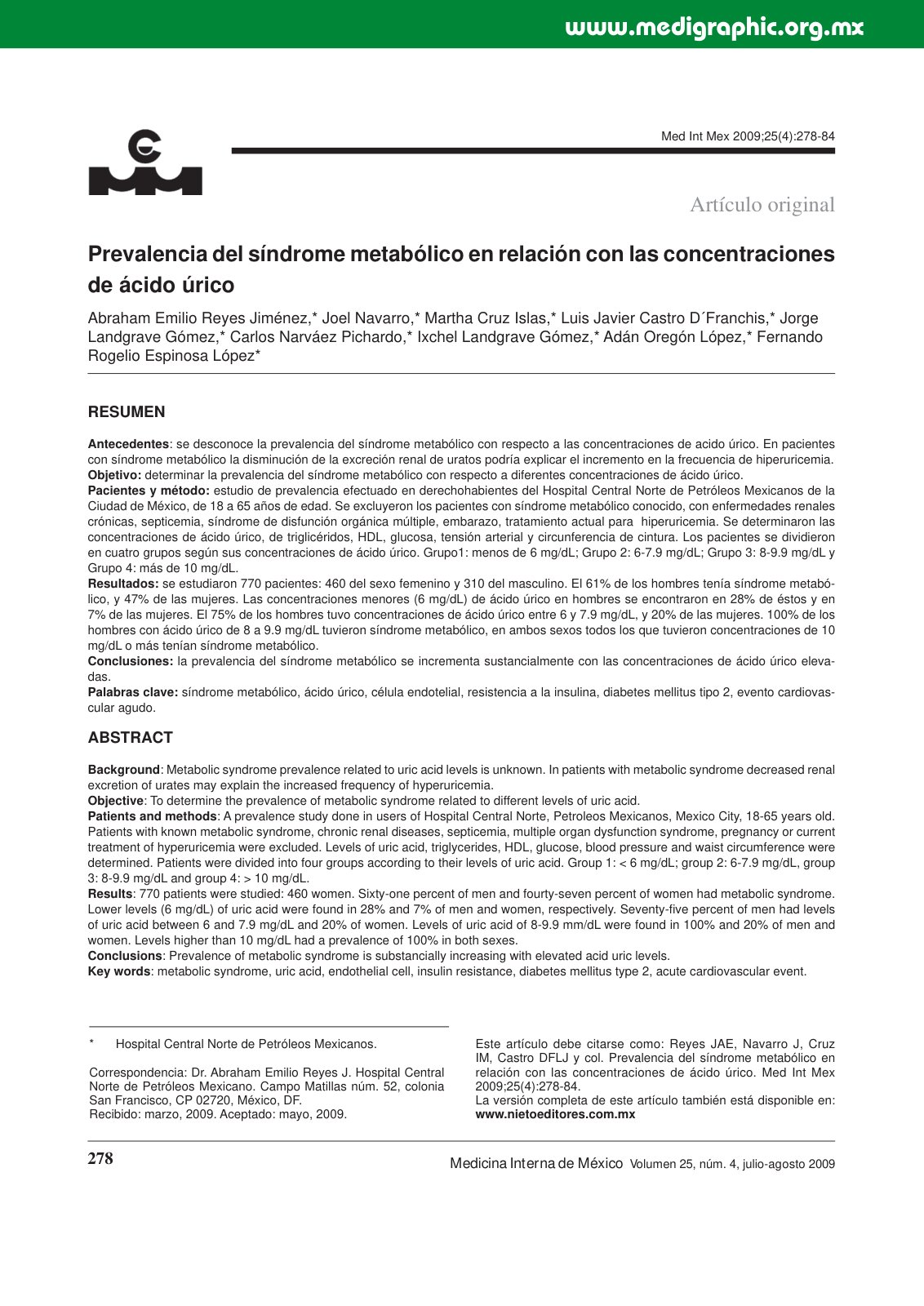 First page of Prevalencia del sindrome metabolico en r