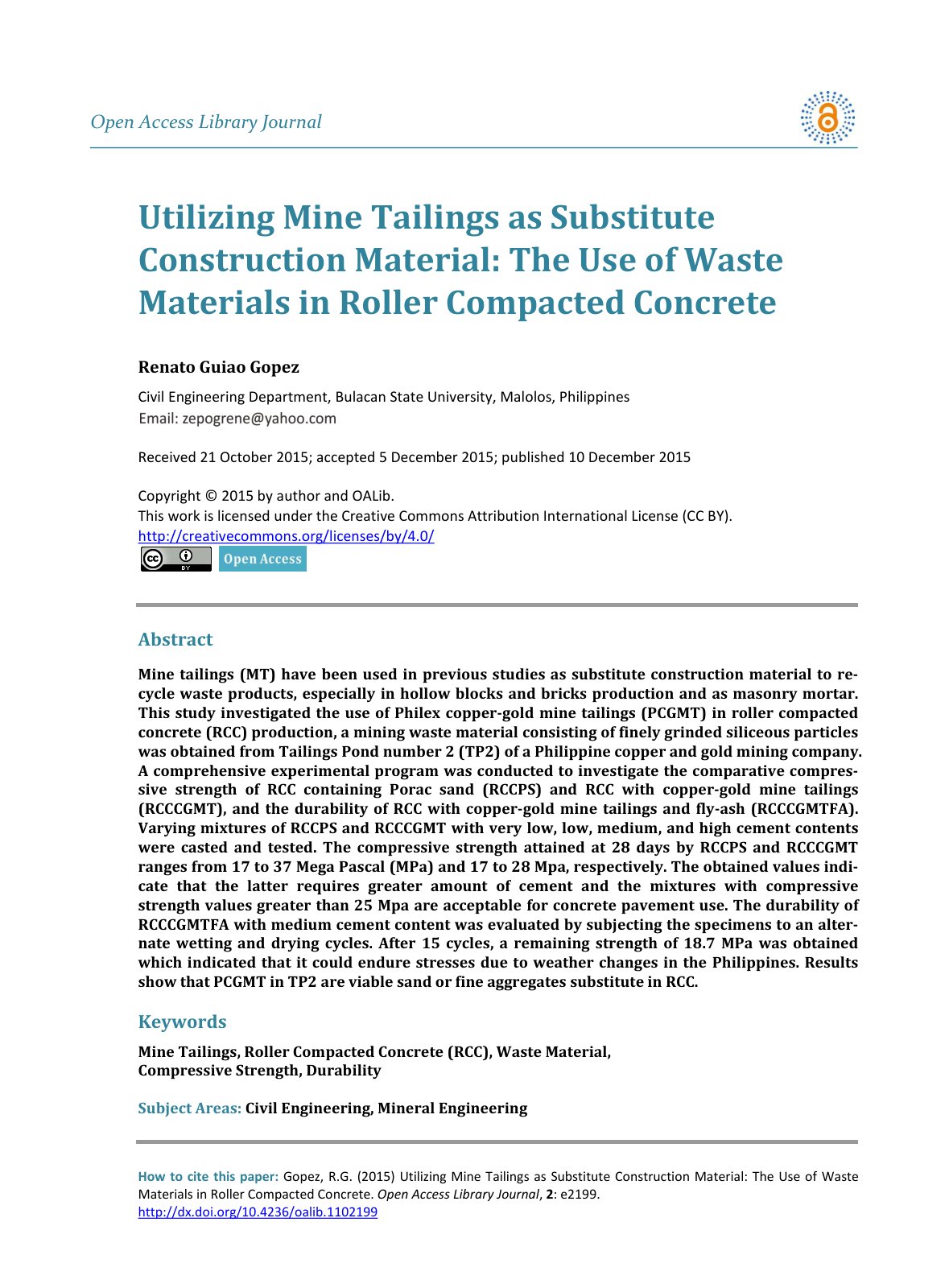 First page of Utilizing Mine Tailings as Substitute Construction Material: The Use of Waste Materials in Roller Compacted Concrete