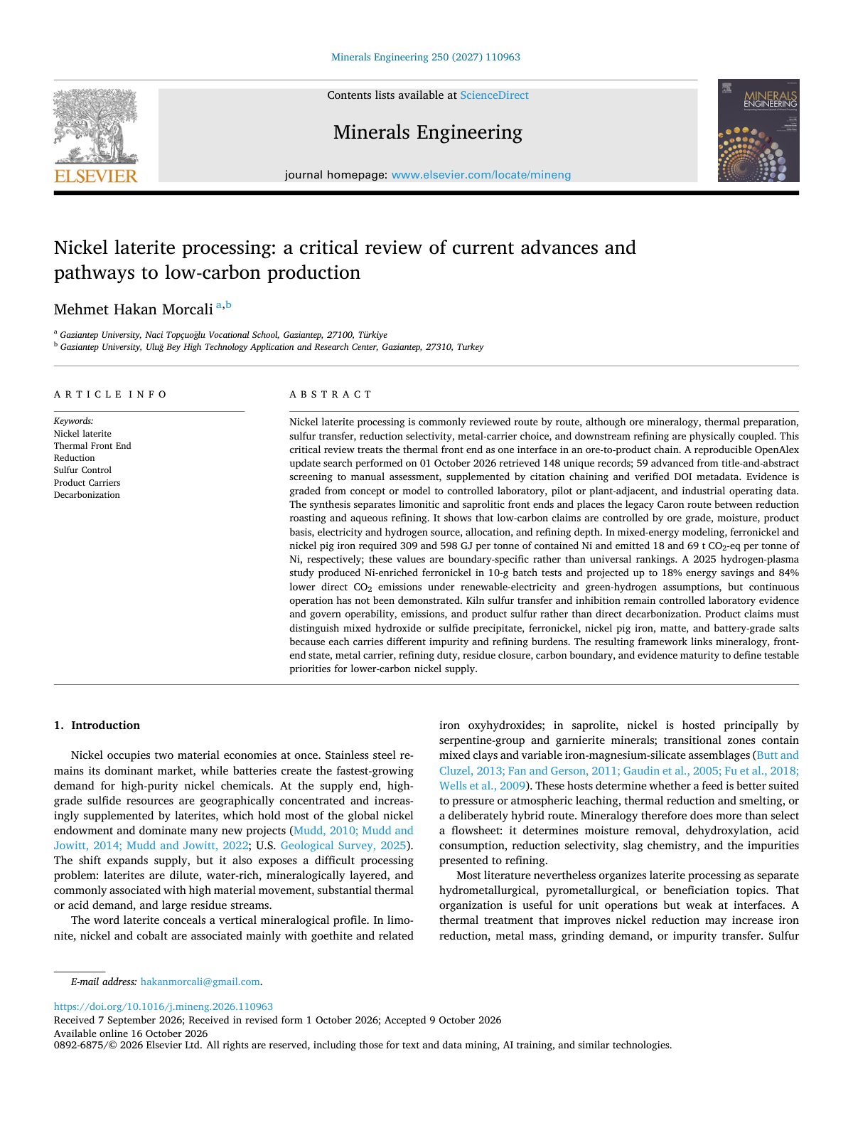 First page of Nickel laterite processing  a critical review of current ad 2027 Minerals En