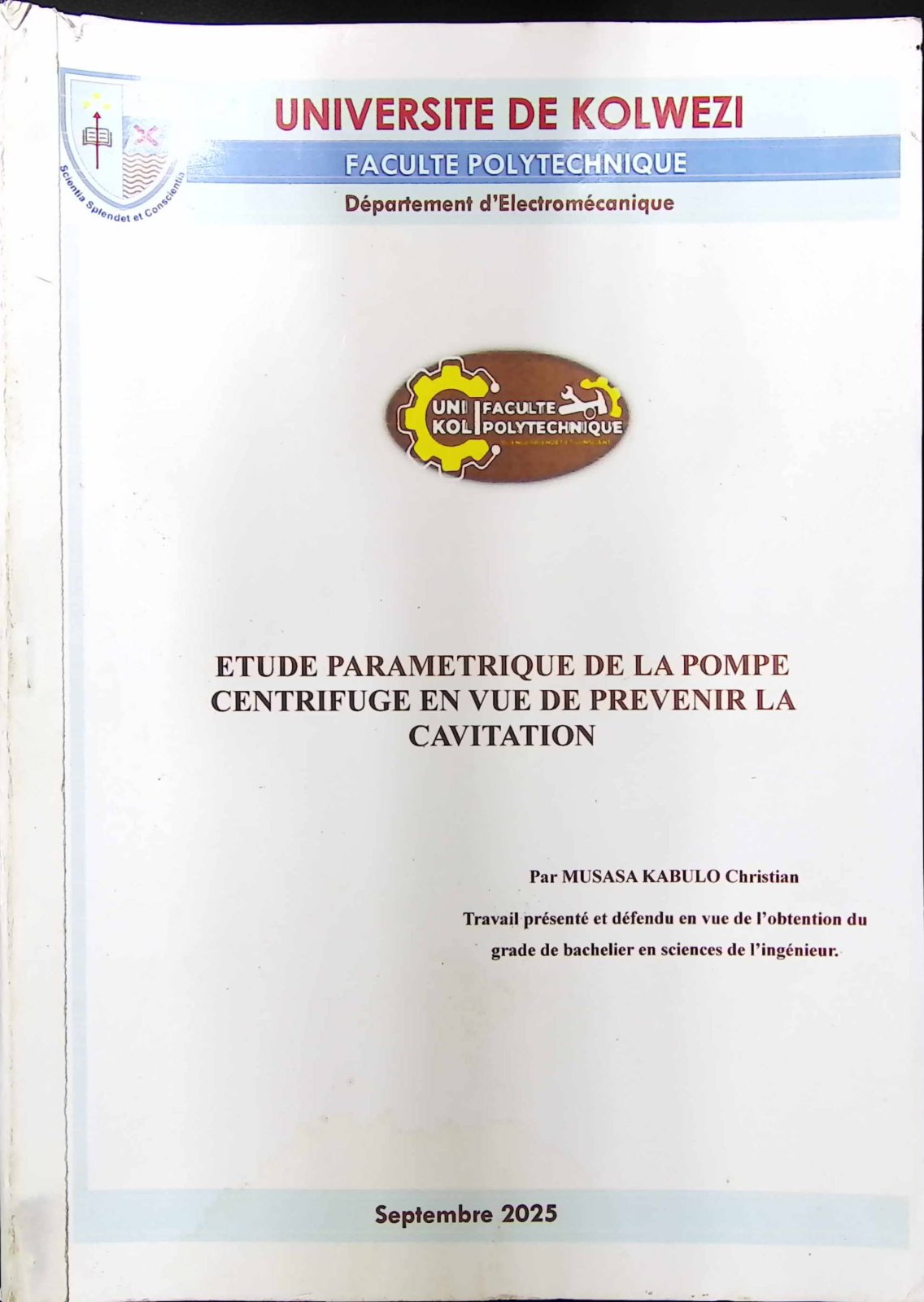 First page of ETUDE PARAMETRIQUE DE LA POMPE CENTRIFUGE EN VUE DE PREVENIR LA CAVITATION