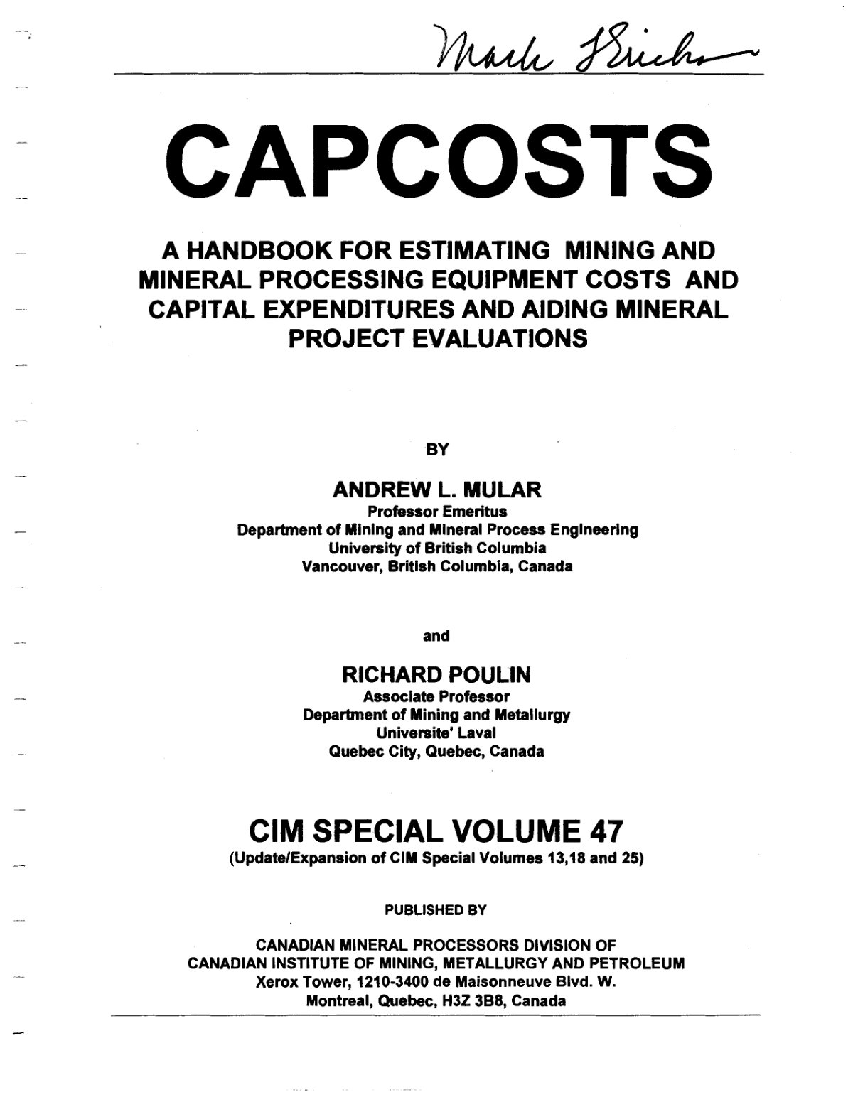 First page of Mular, A.L and R. Poulin 1998. Capcosts
