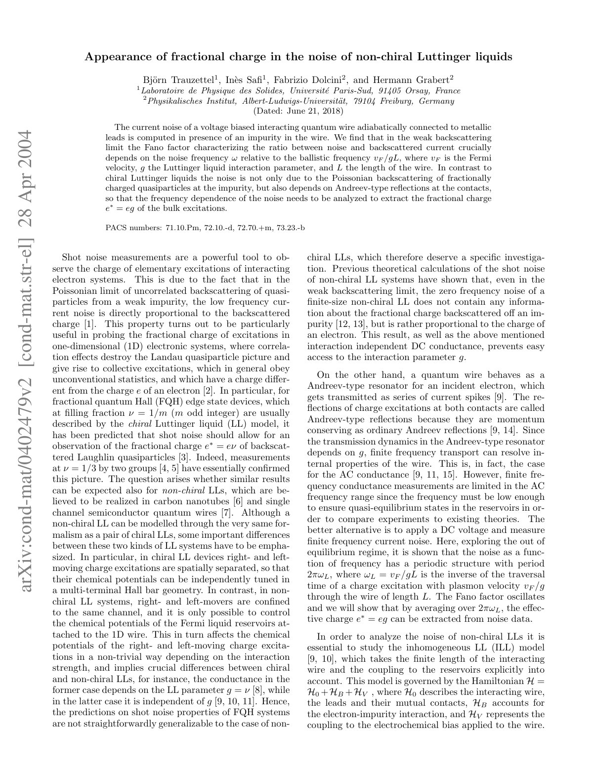 First page of Appearance of fractional charge in the noise of non-chiral Luttinger liquids