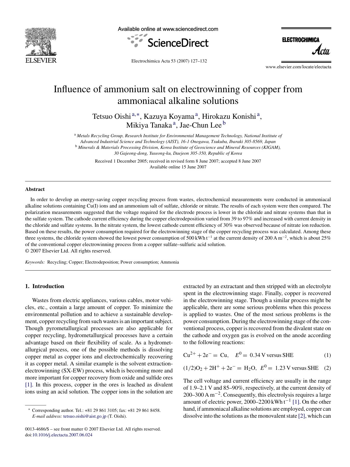 First page of Influence of ammonium salt on electrowinning of copper from ammoniacal alkaline solutions
