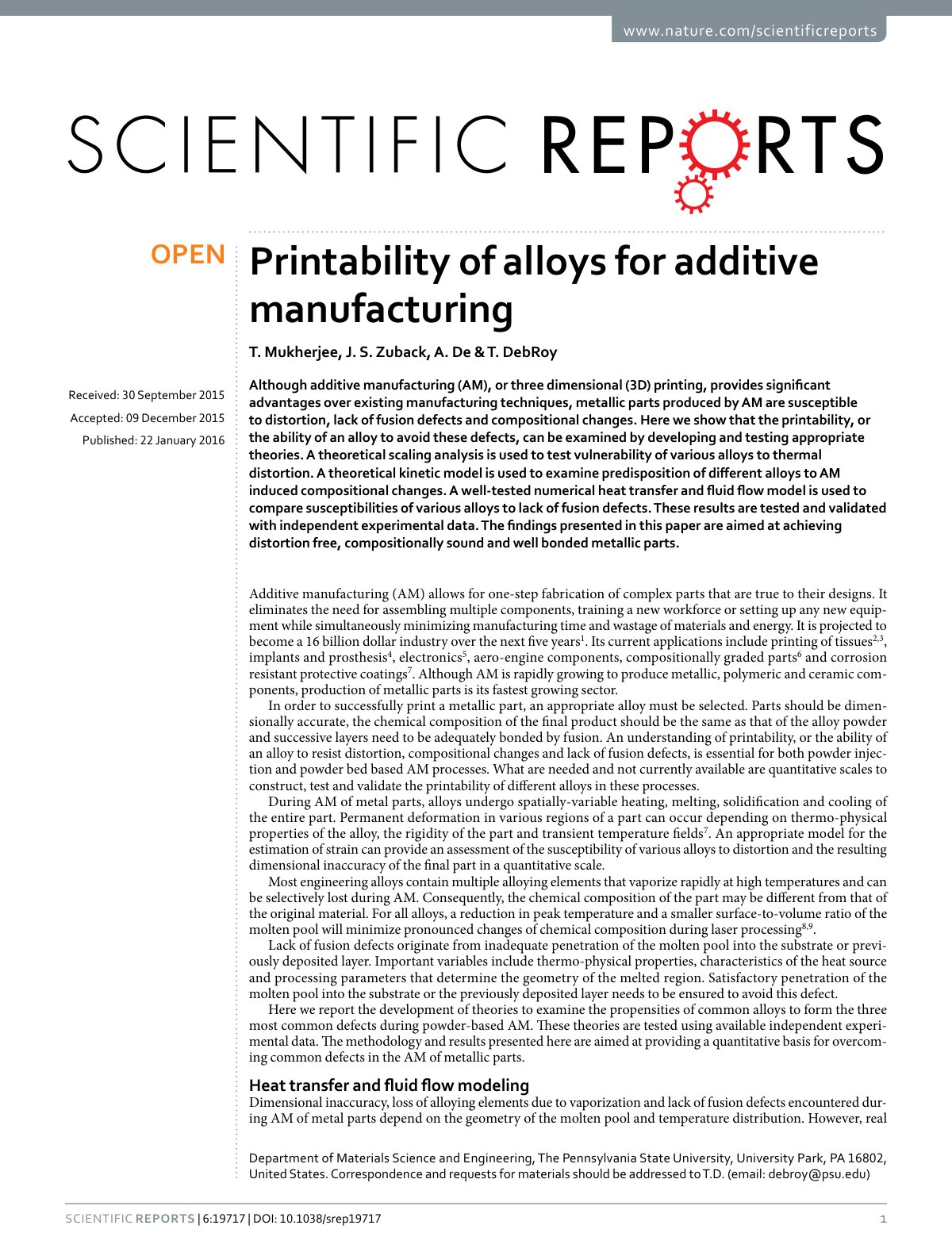 First page of printability of alloys for additive manufacturing