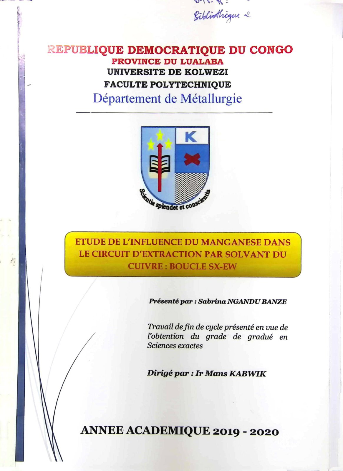 First page of ETUDE DE L'INFLUENCE DU MANGANESE DANS LE CIRCUIT D'EXTRACTION PAR SOL VANT DU CUIVR, : 'UCLE SX-EW