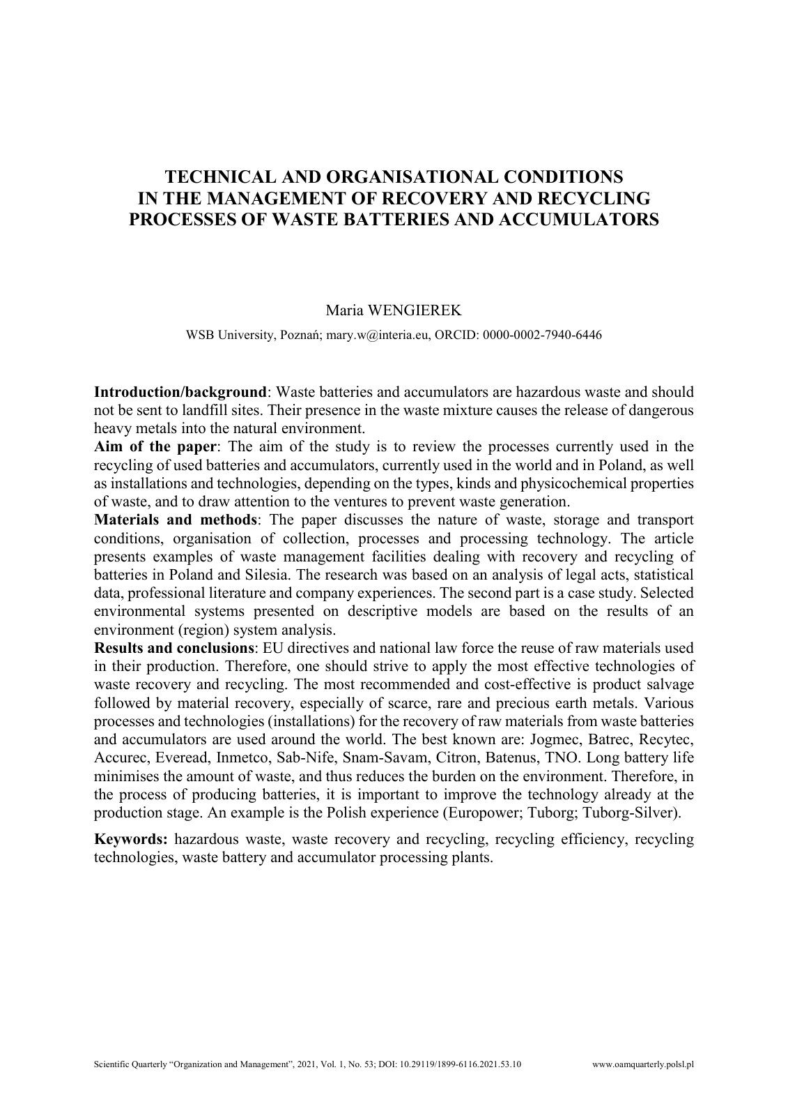 First page of Technical and organisational condit