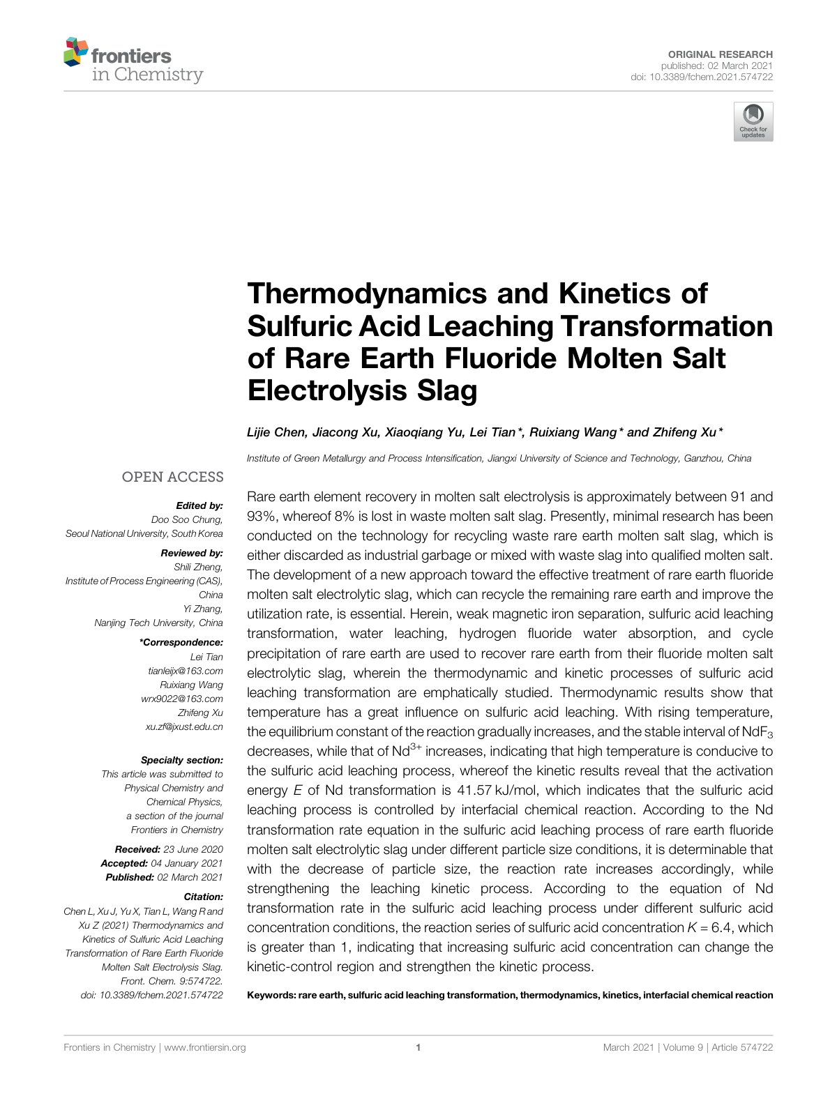 First page of Thermodynamics and Kinetics of Sulfuric Acid Leaching Transformation of Rare Earth Fluoride Molten Salt Electrolysis Slag