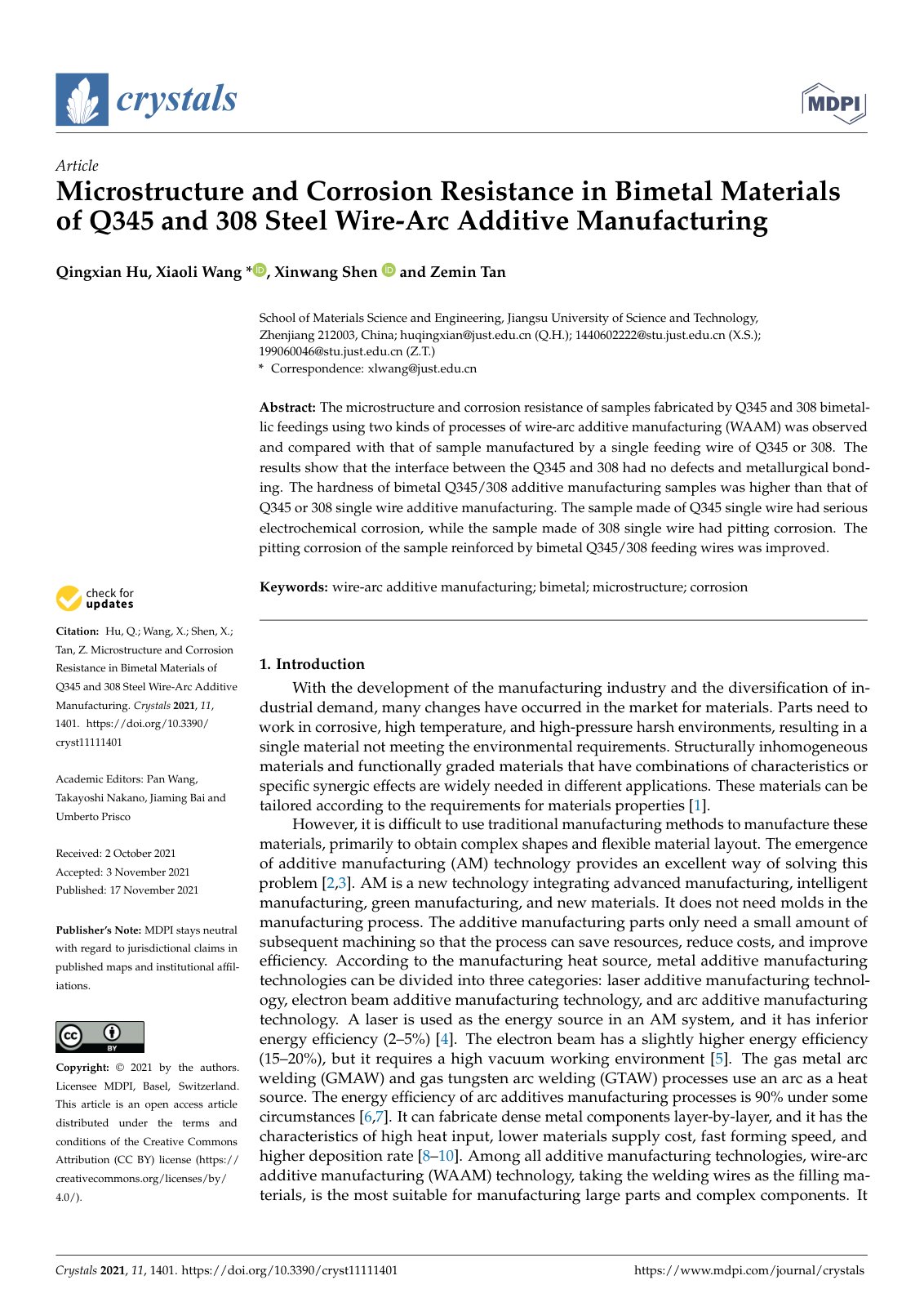 First page of Microstructure and Corrosion Resistance in Bimetal Materials of Q345 and 308 Steel Wire-Arc Additive Manufacturing