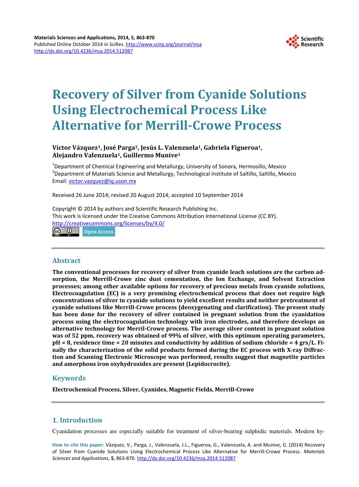 First page of Recovery of Silver from Cyanide Solutions Using Electrochemical Process Like Alternative for Merrill-Crowe Process