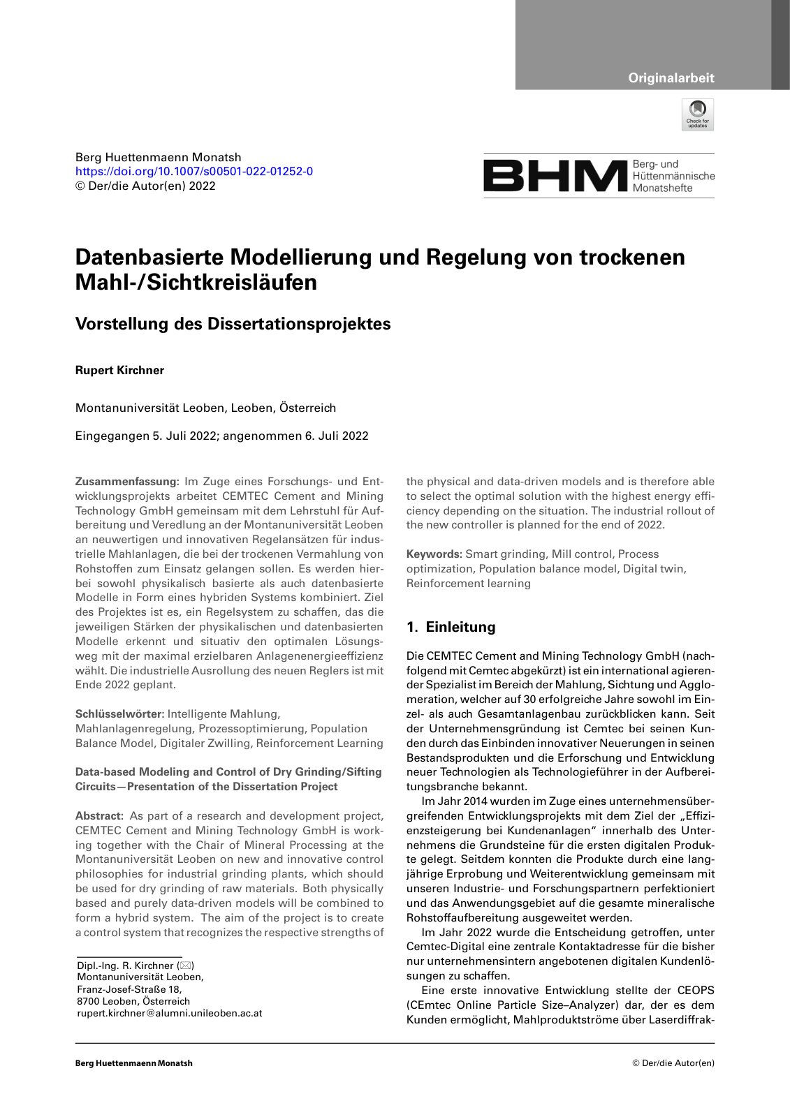 First page of Datenbasierte Modellierung und Regelung