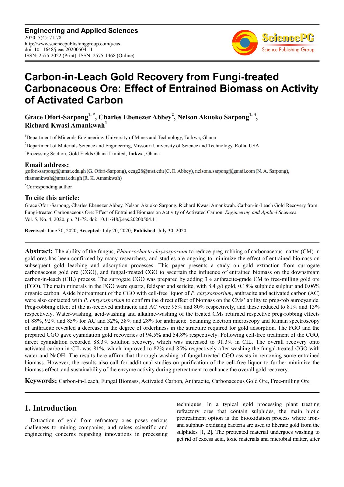 First page of Carbon-in-Leach Gold Recovery from Fungi-treated Carbonaceous Ore: Effect of Entrained Biomass on Activity of Activated Carbon