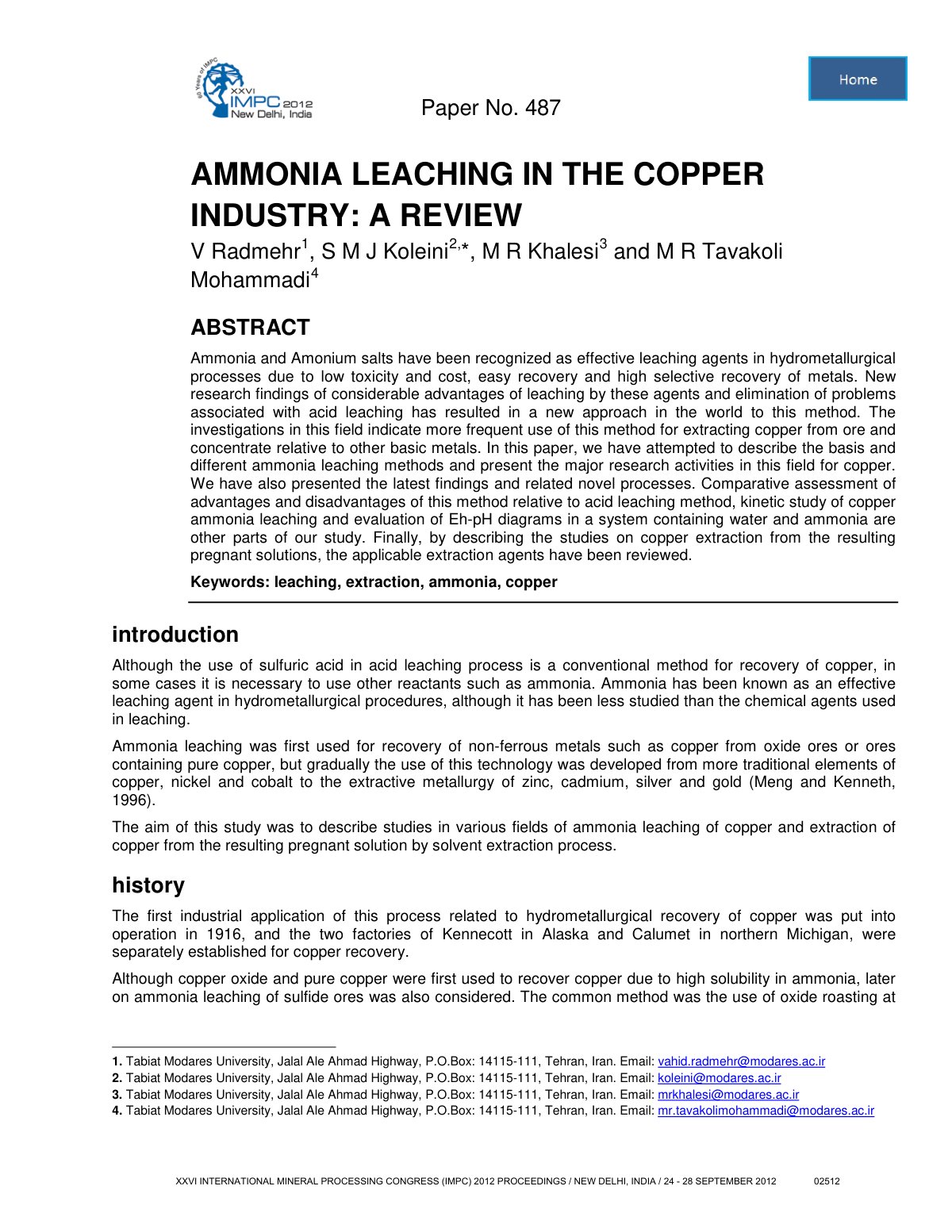 First page of AMMONIA LEACHING IN THE COPPER INDUSTRY: A REVIEW
