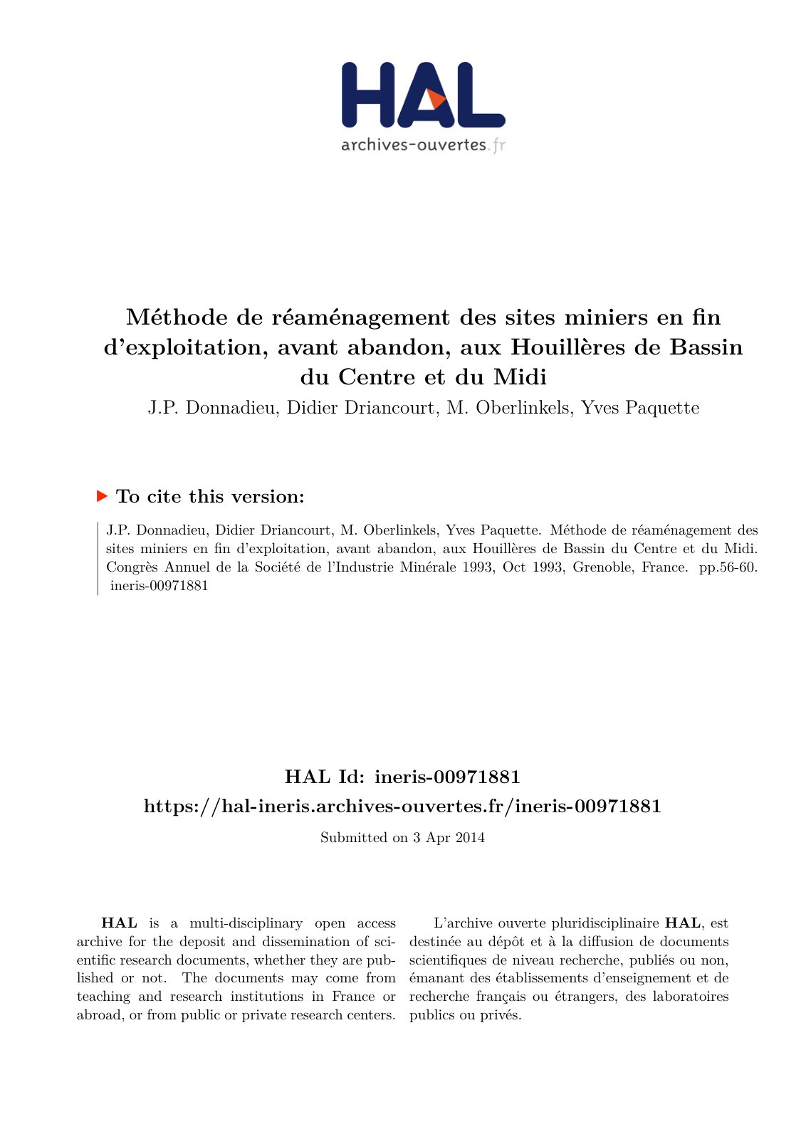 First page of Méthode de réaménagement des sites miniers en fin d’exploitation, avant abandon, aux Houillères de Bassin du Centre et du Midi