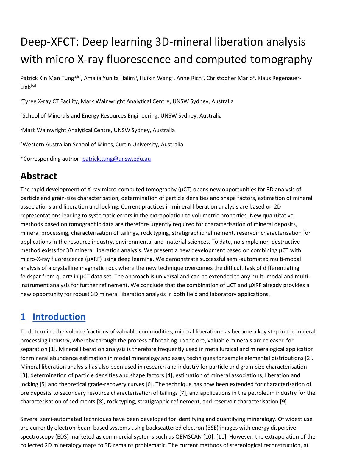 First page of Deep-XFCT: Deep learning 3D-mineral liberation analysis with micro X-ray fluorescence and computed tomography