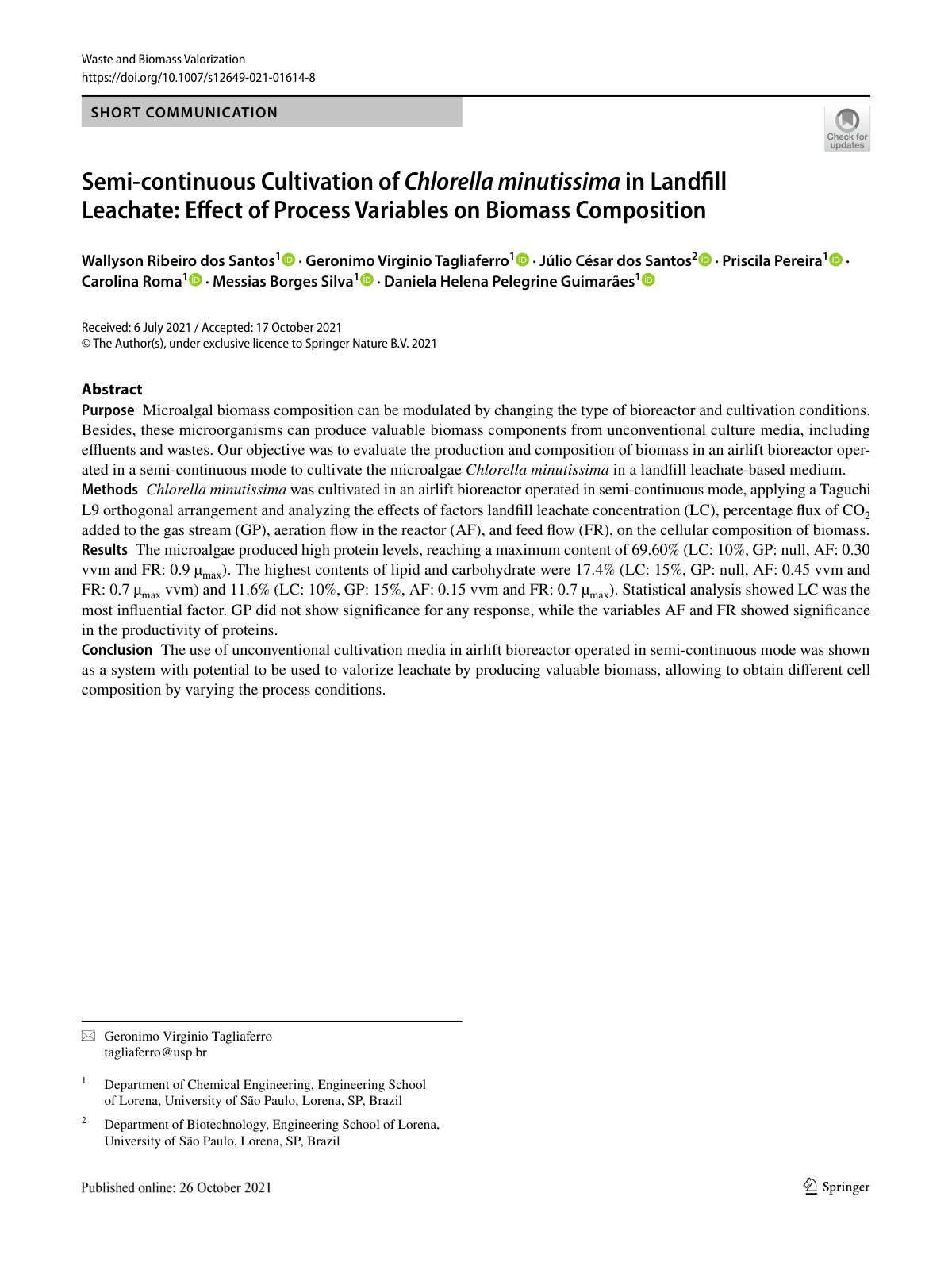 First page of Semi continuous Cultivation of Chlorella