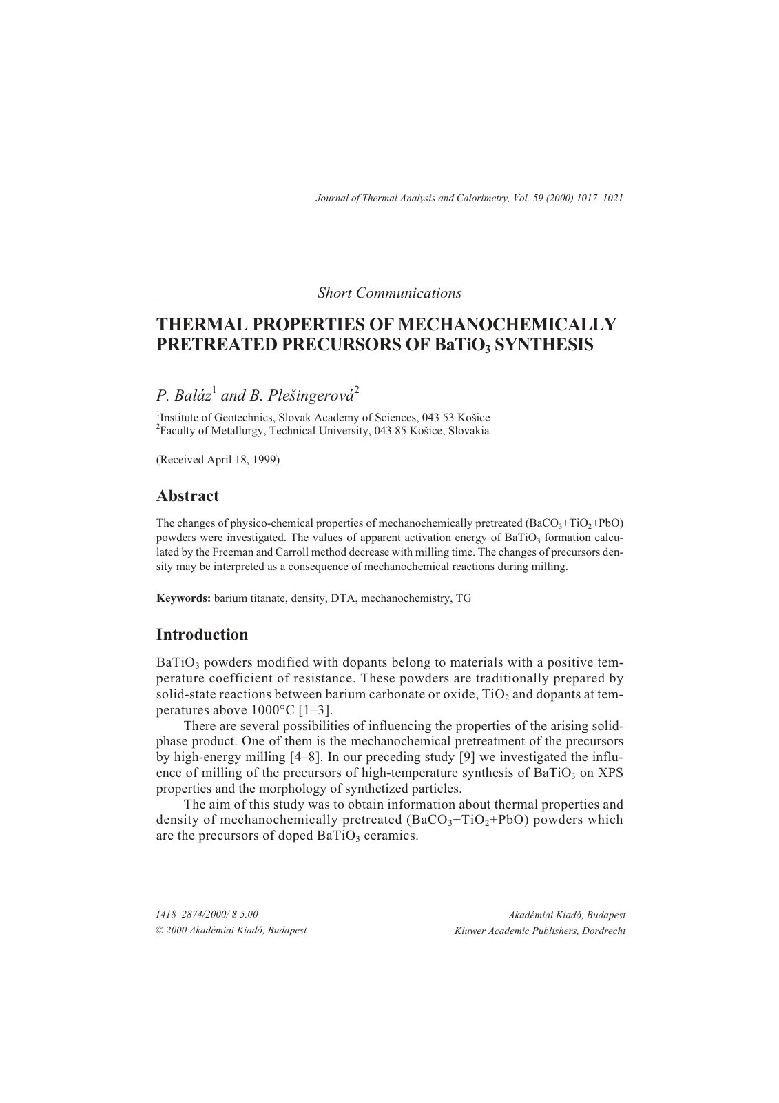 First page of THERMAL PROPERTIES OF MECHANOCHEMICALLY PRETREATED PRECURSORS OF BaTiO3 SYNTHESIS