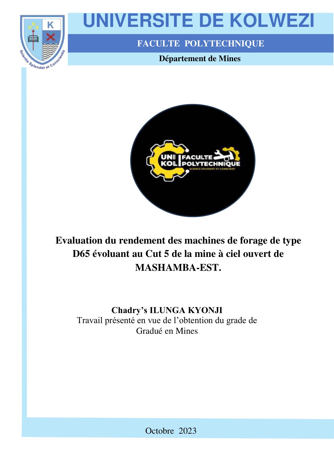 First page of Evaluation du rendement des machines de forage de type D65 évoluant au Cut 5 de la mine à ciel ouvert de MASHAMBA-EST.