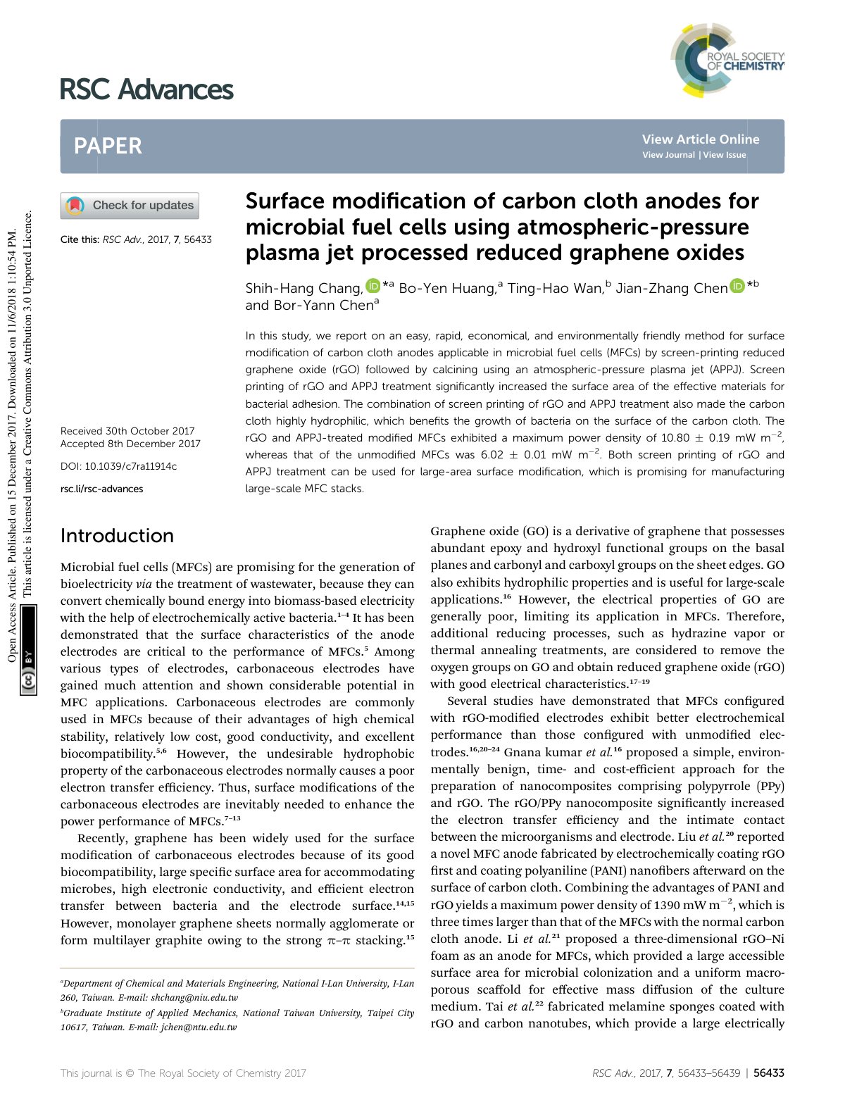 First page of Surface modification of carbon cloth anodes for microbial fuel cells using atmospheric-pressure plasma jet processed reduced graphene oxides