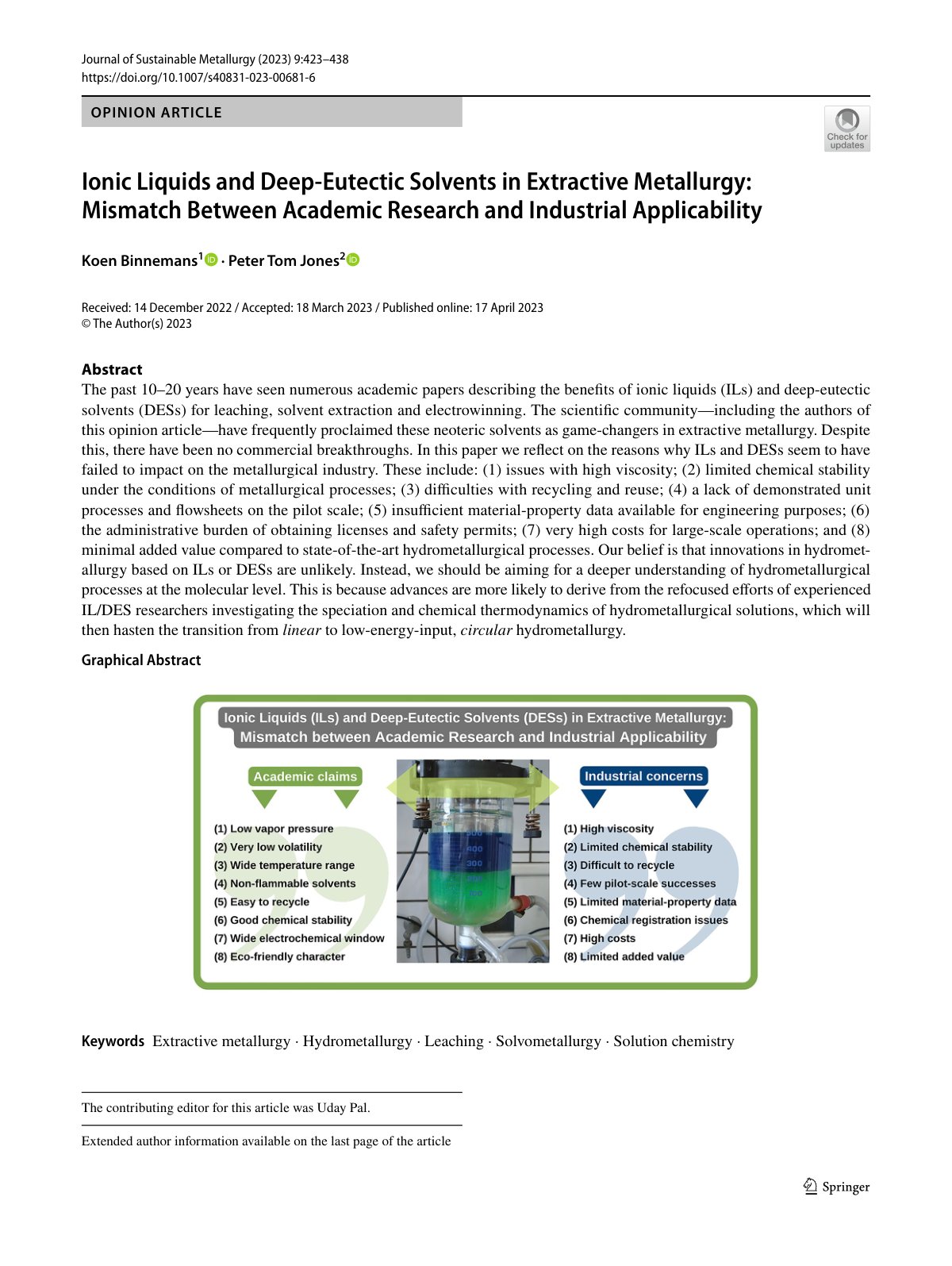 First page of Ionic Liquids and Deep‑Eutectic Solvents in Extractive Metallurgy: Mismatch Between Academic Research and Industrial Applicability