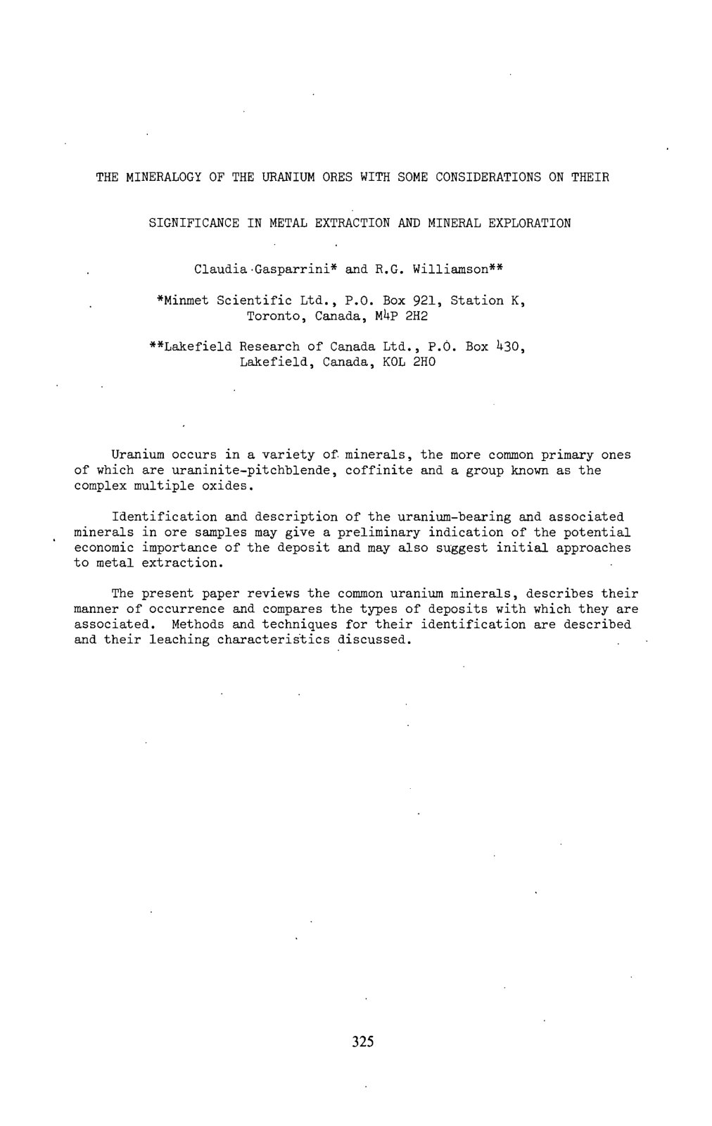 First page of The Mineralogy of the Uranium Ores with Some Considerations on Their Significance in Metal Extraction and Mineral Exploration