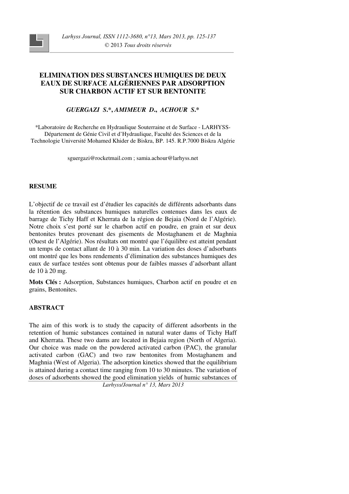 First page of Elimination Des Substances Humiques De D