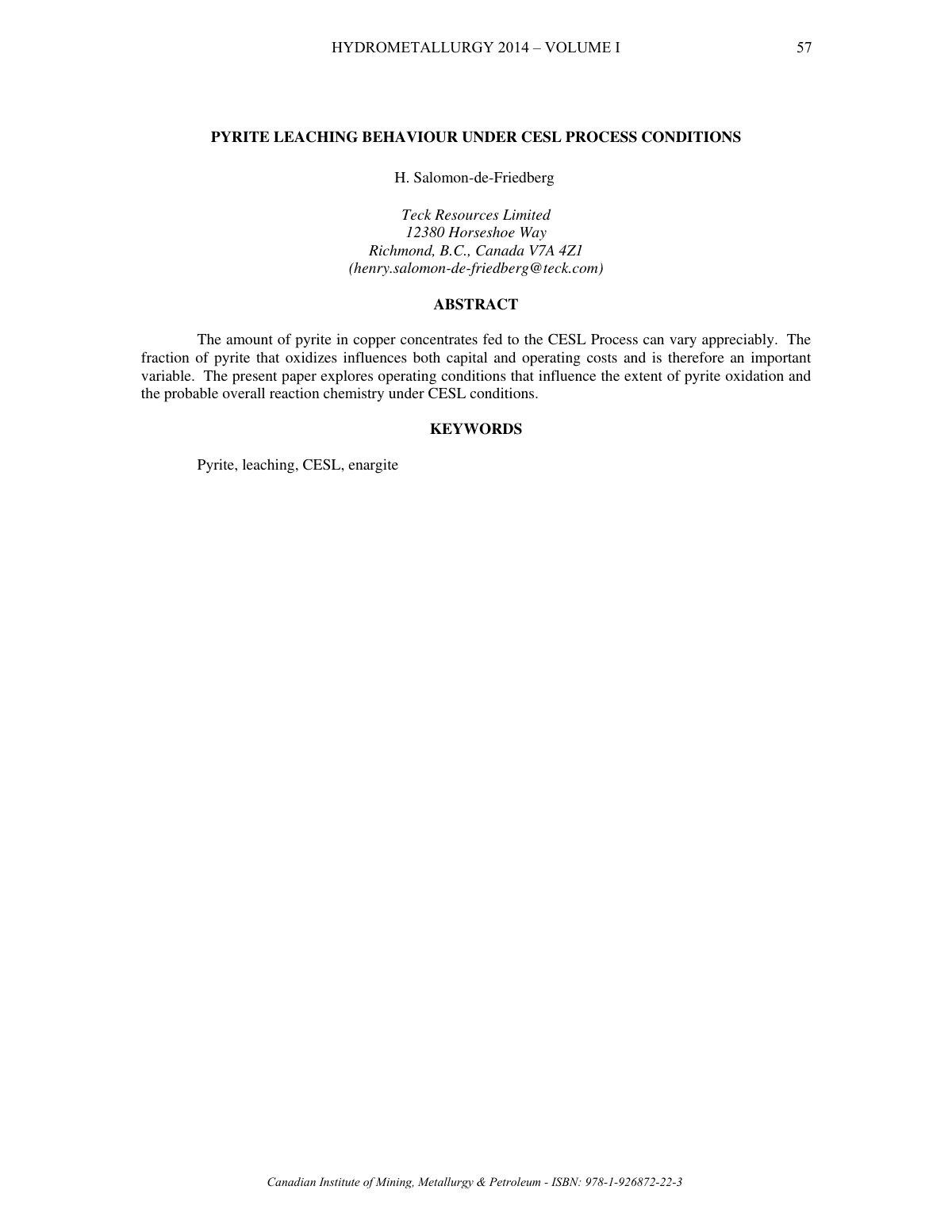 First page of PYRITE LEACHING BEHAVIOUR UNDER CESL PROCESS CONDITIONS