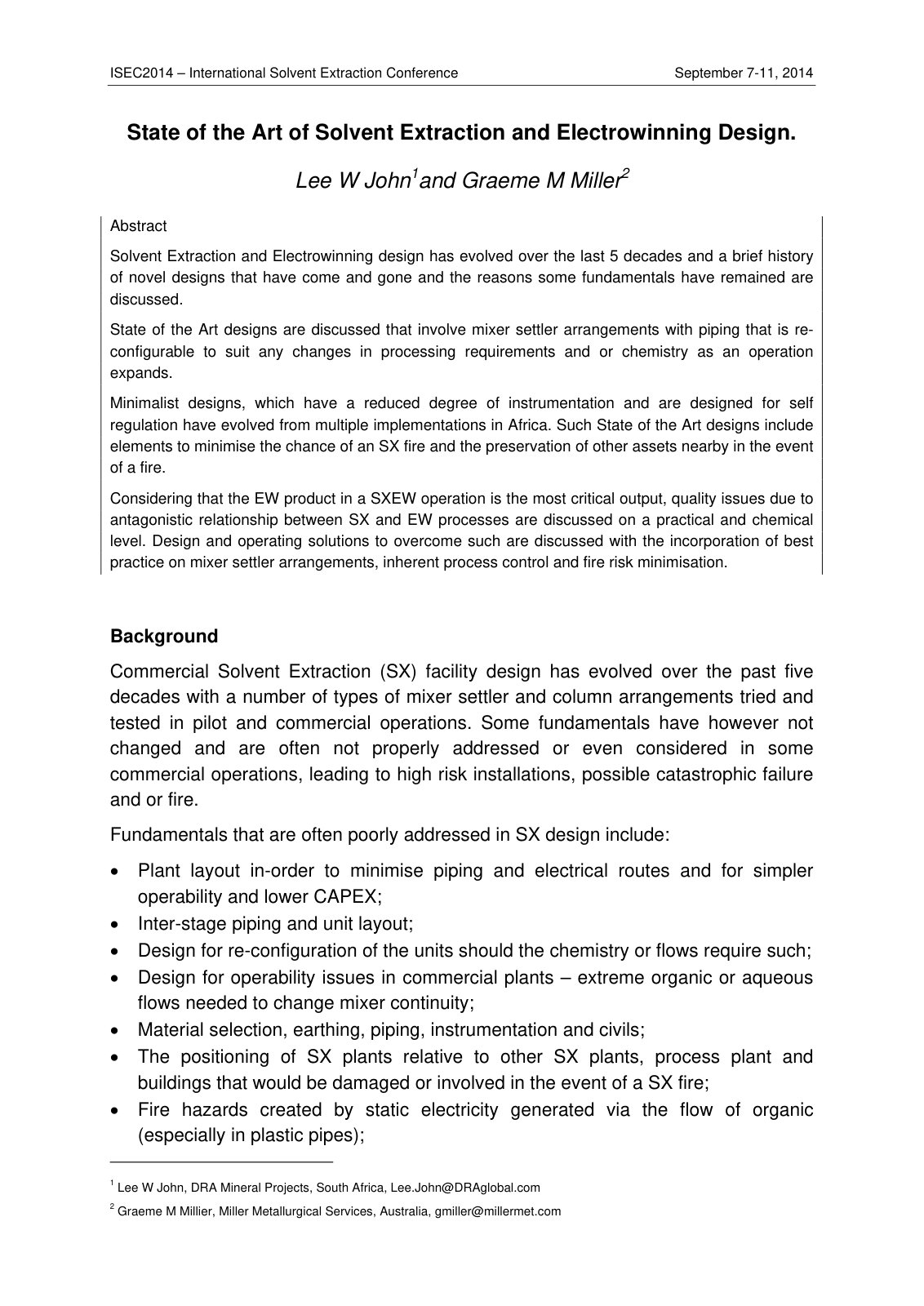 First page of State of the Art of Solvent Extraction and Electrowinning Design