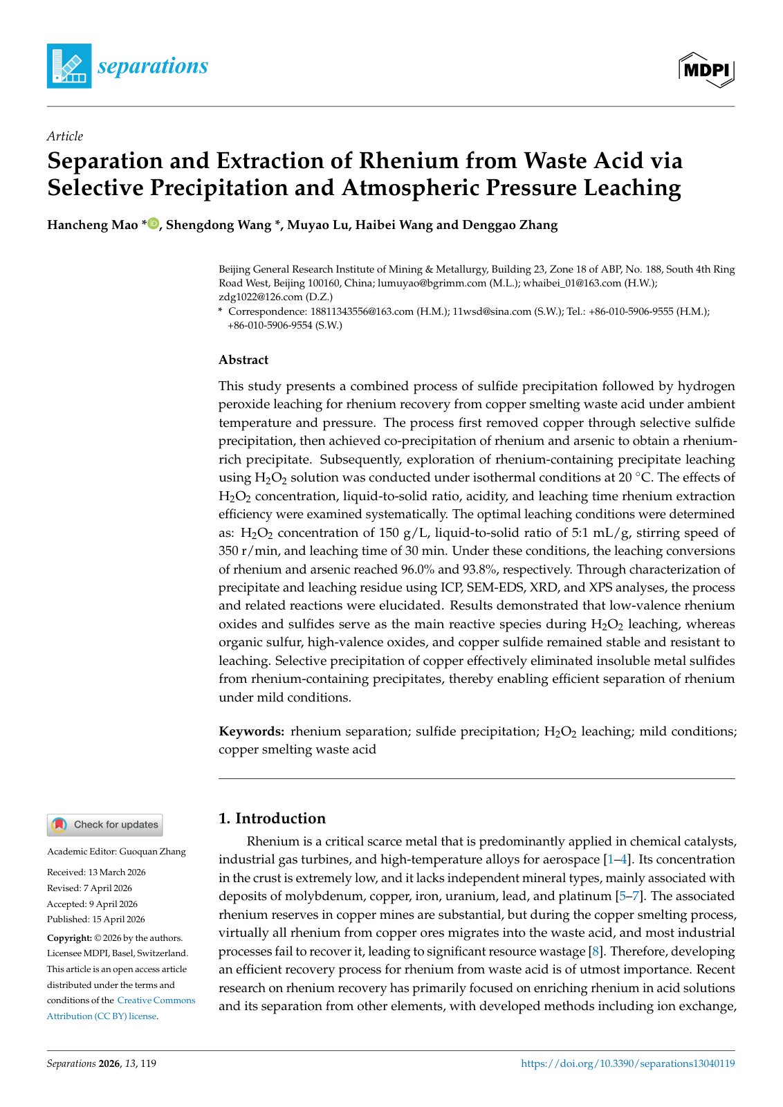 First page of 2026   Mao   Rhenium Recovery from Waste Acid by Pressure Leaching