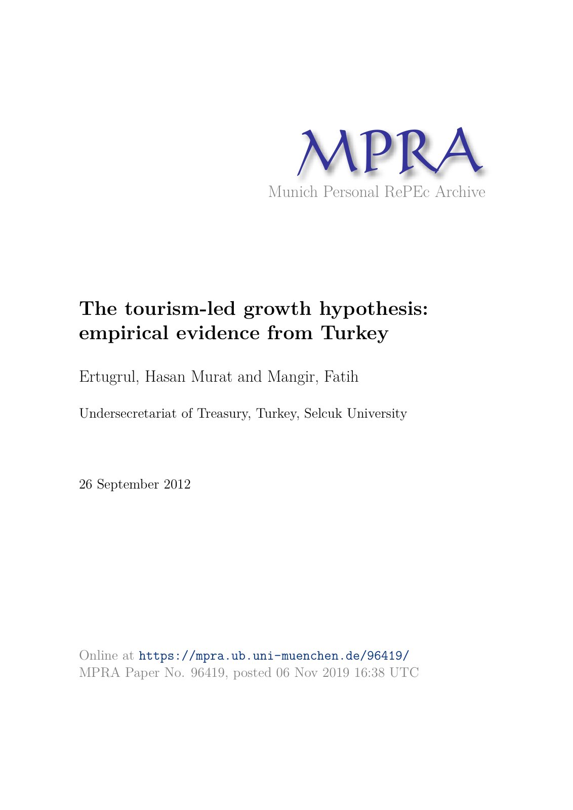 First page of The tourism-led growth hypothesis: empirical evidence from Turkey